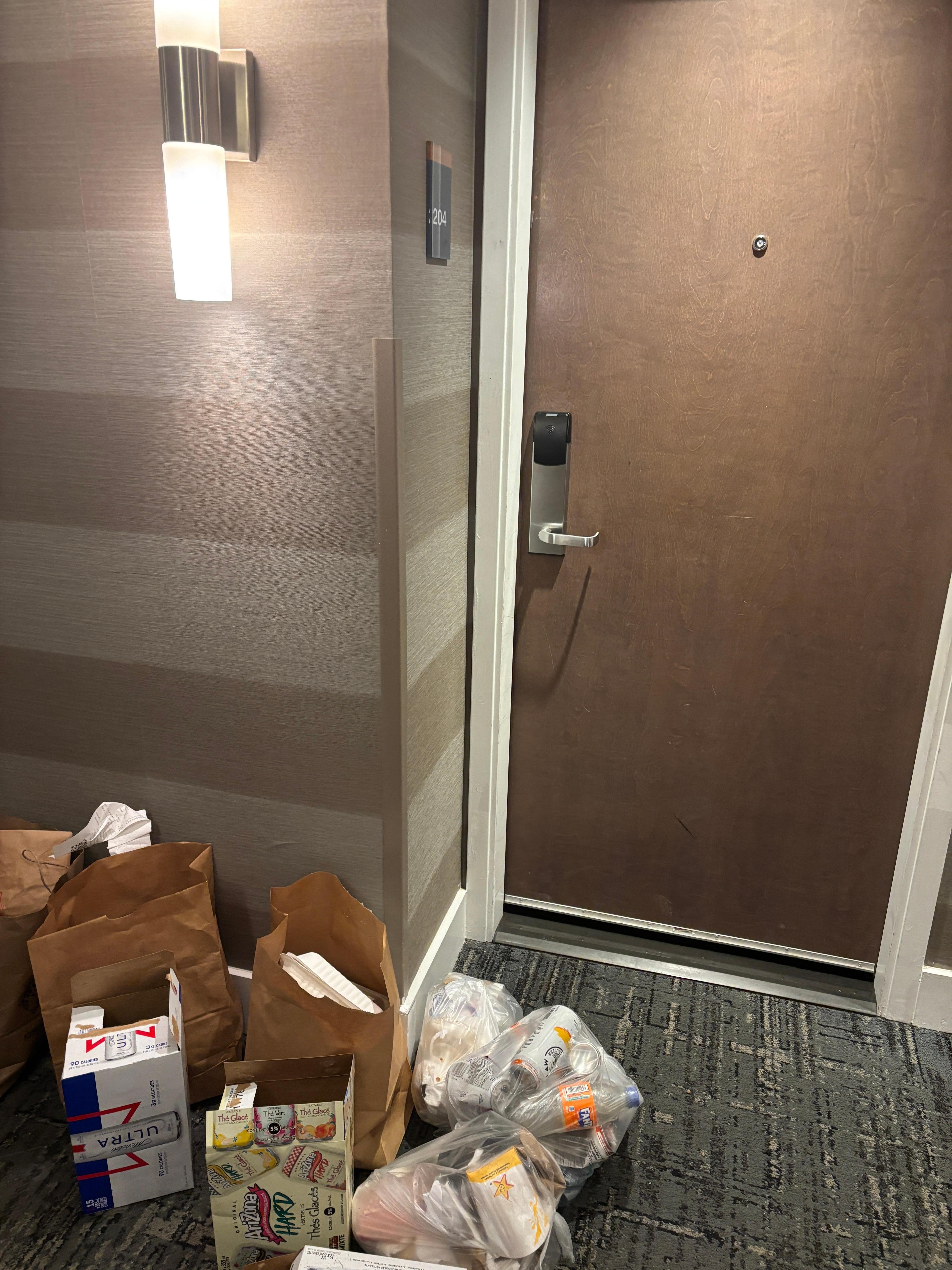 Left outside our door by the room beside us Room 206