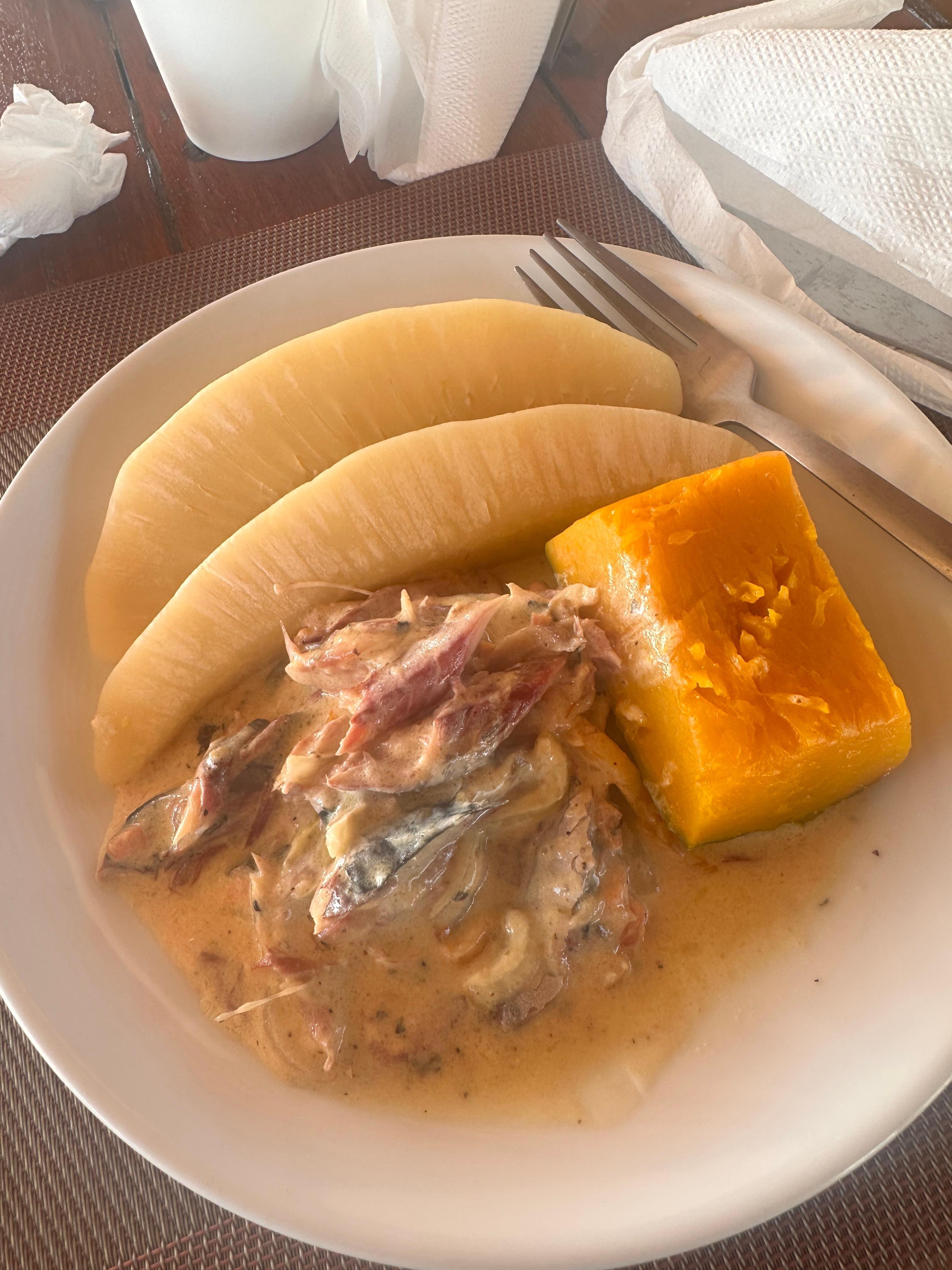 Breakfast - salt mackerel rundown. This was so good