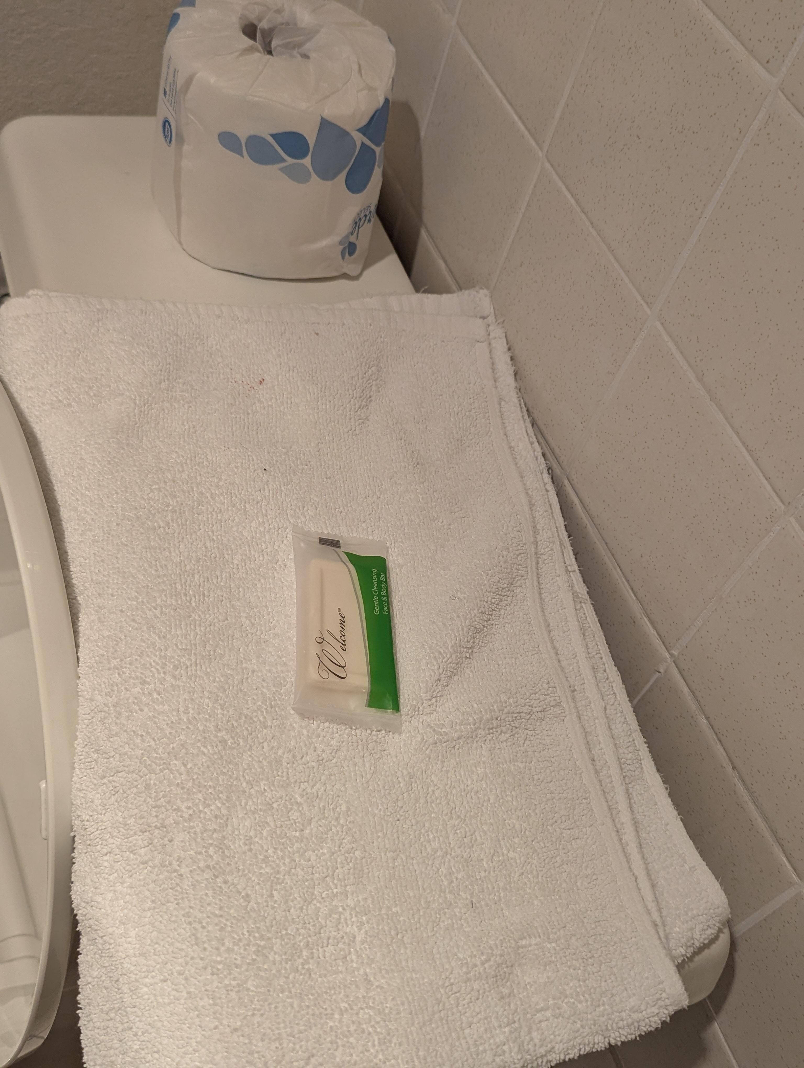 Zoom in on the towel that was placed on the toilet. 