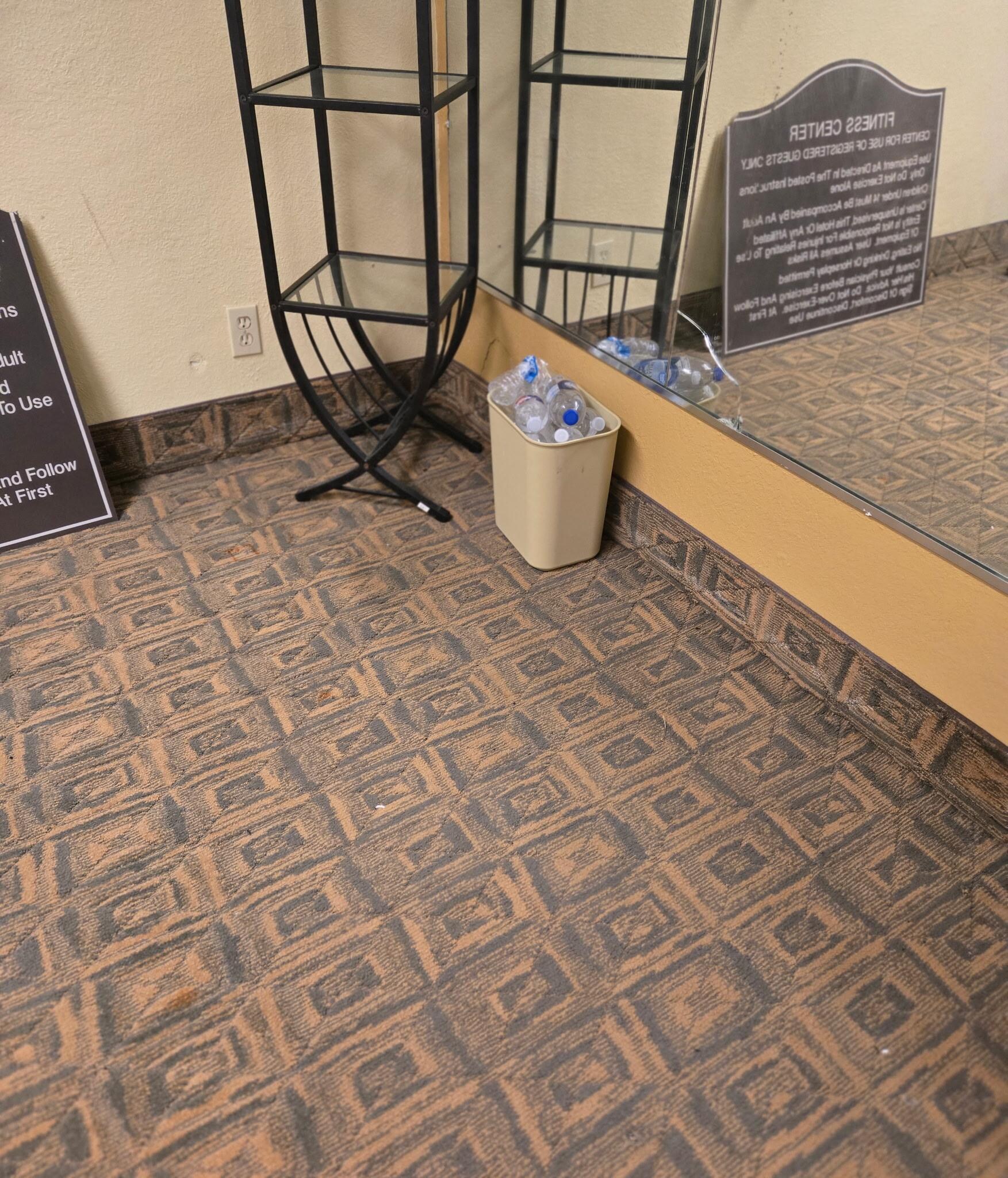 Both garbage cans in the exercise room were full when we arrived and never emptied. We were in the room right next to it.  The mirror cracked, a piece of the machine was on the floor broken, sanitizer and no rags in reach of children.