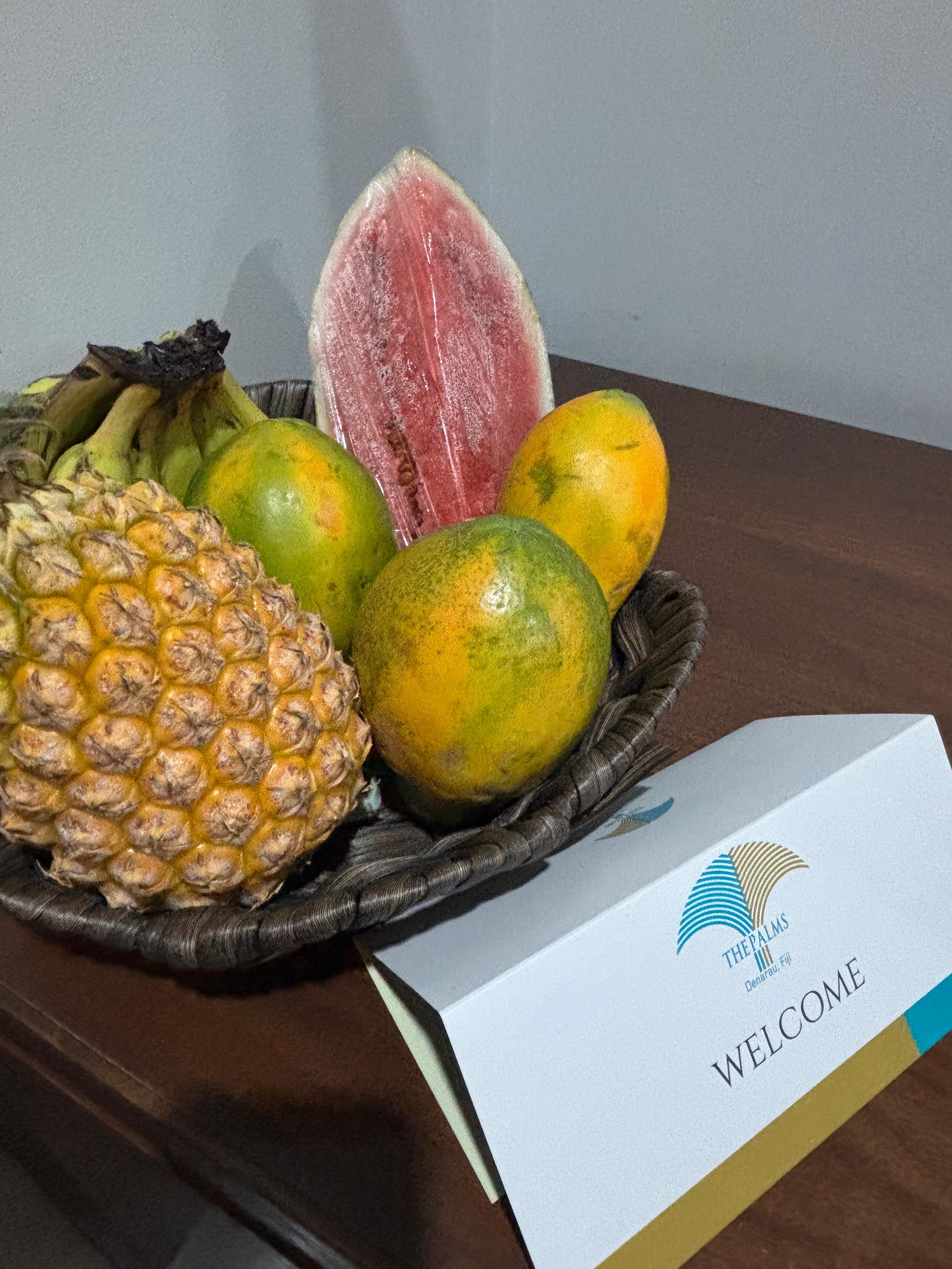 Generous welcome fruit basket.