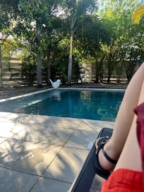View of the backyard pool from the lounge chair.
