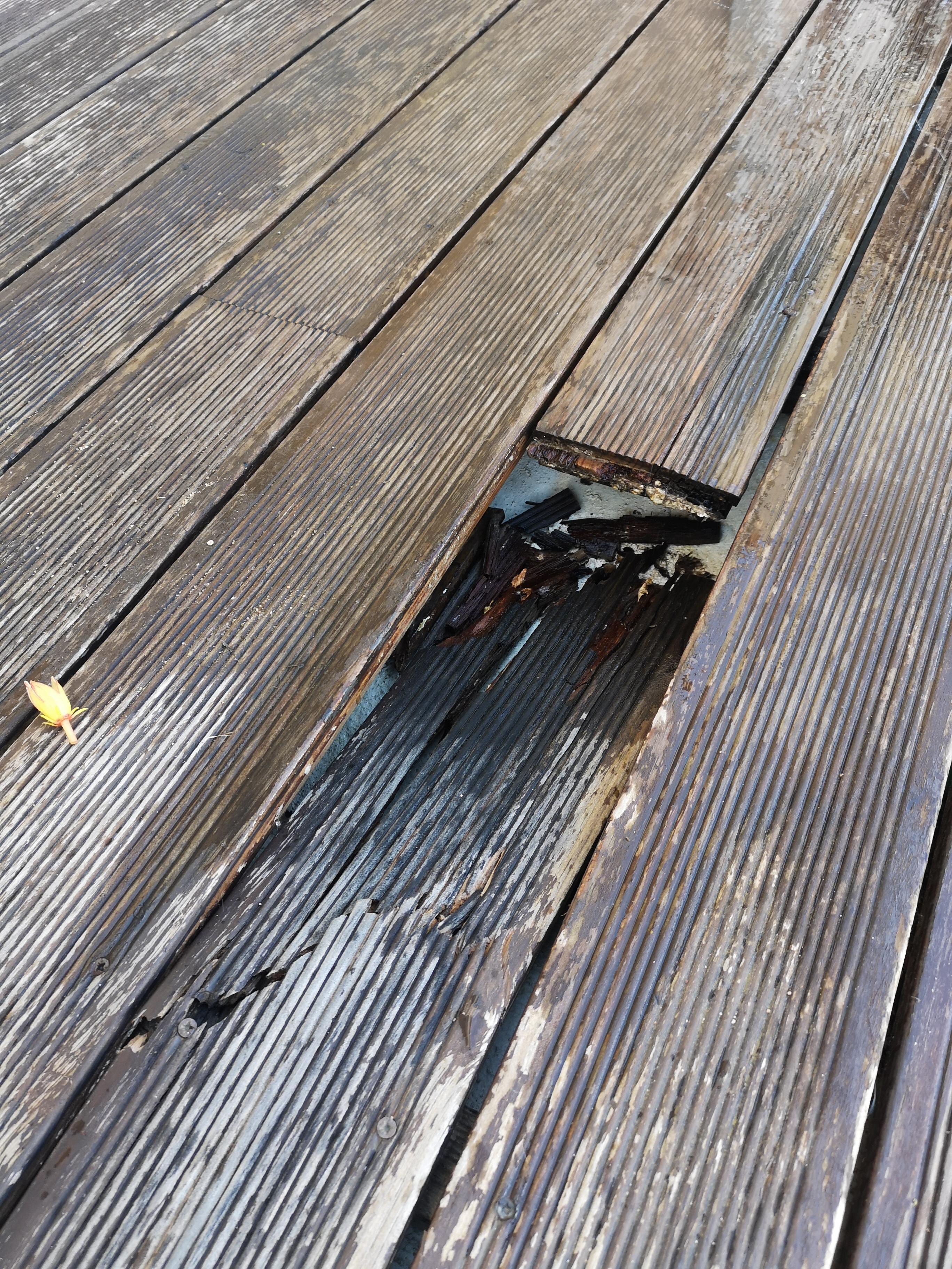 Close up of large hole in decking - dangerous!