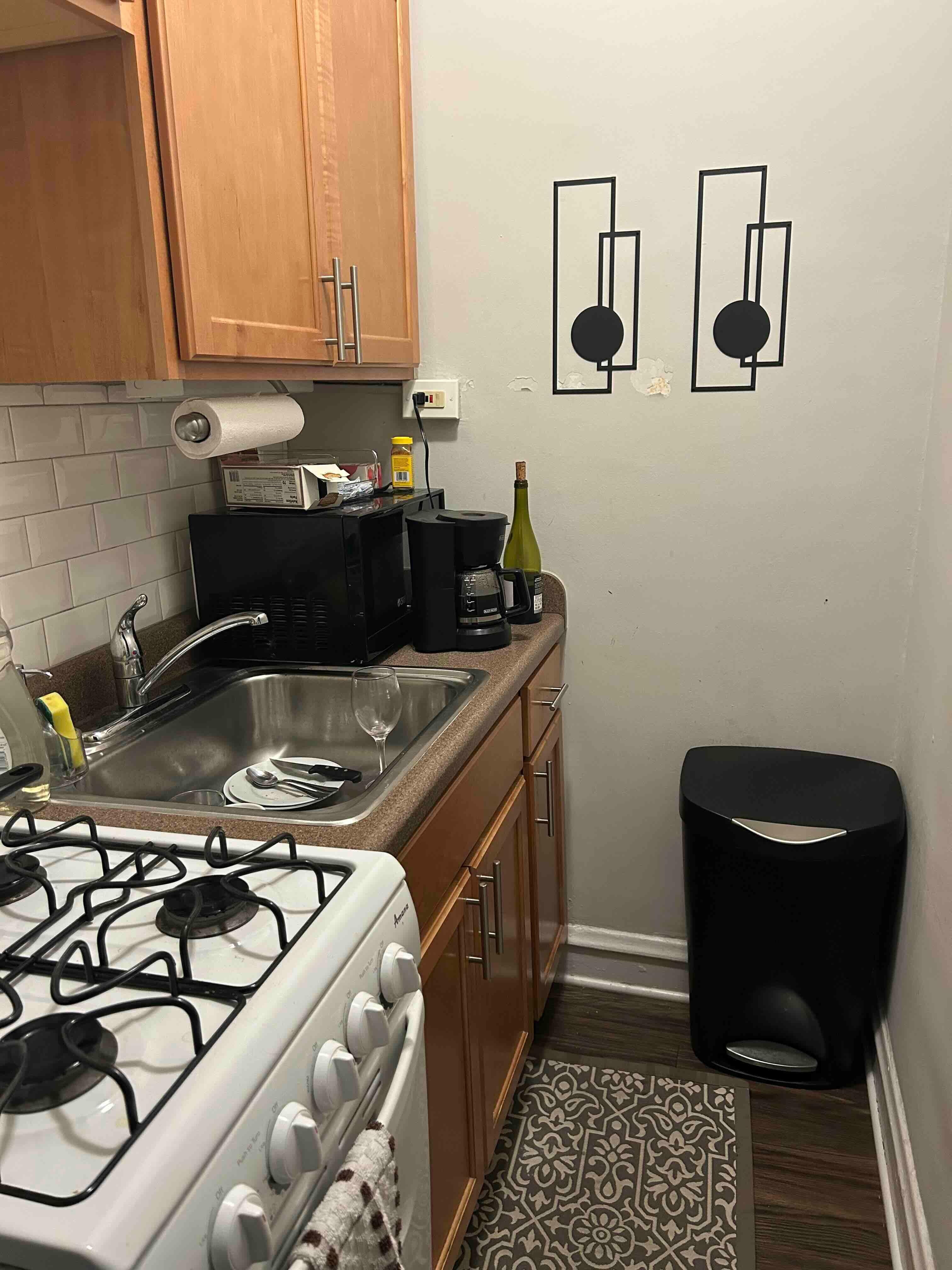 Kitchen. Notice the peeling paint between the weird wall drawing. There is only 1 electrical outlet in entire kitchen, so either Microwave, or coffee maker, but not both