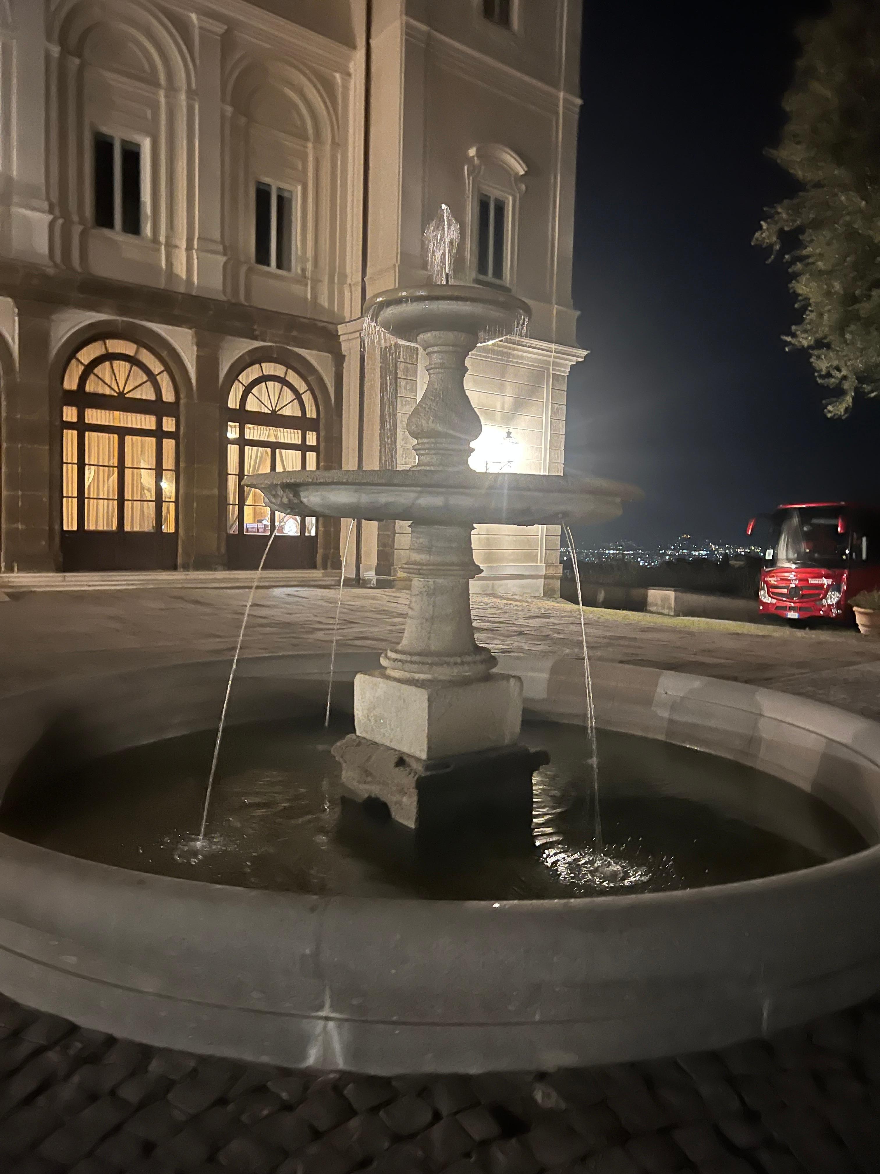 Garden fountain at night. 