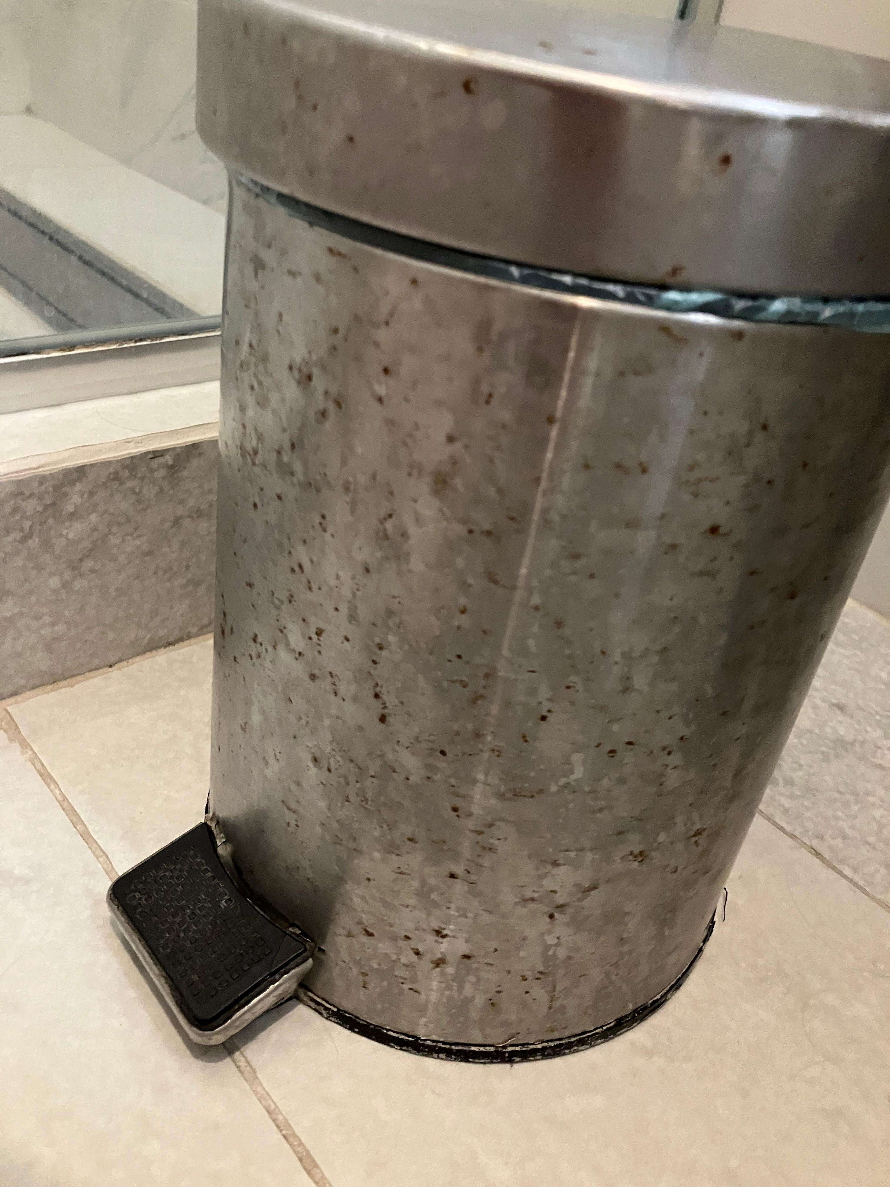 Rusty broken garbage container in bathroom
