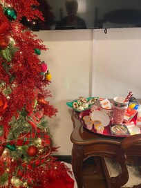 Hot cocoa, delicious cookies and Christmas tree.