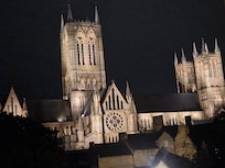 Stunning view of cathedral at night from our mini balcony