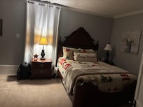 One of the two bedrooms, they have decorated for the season.