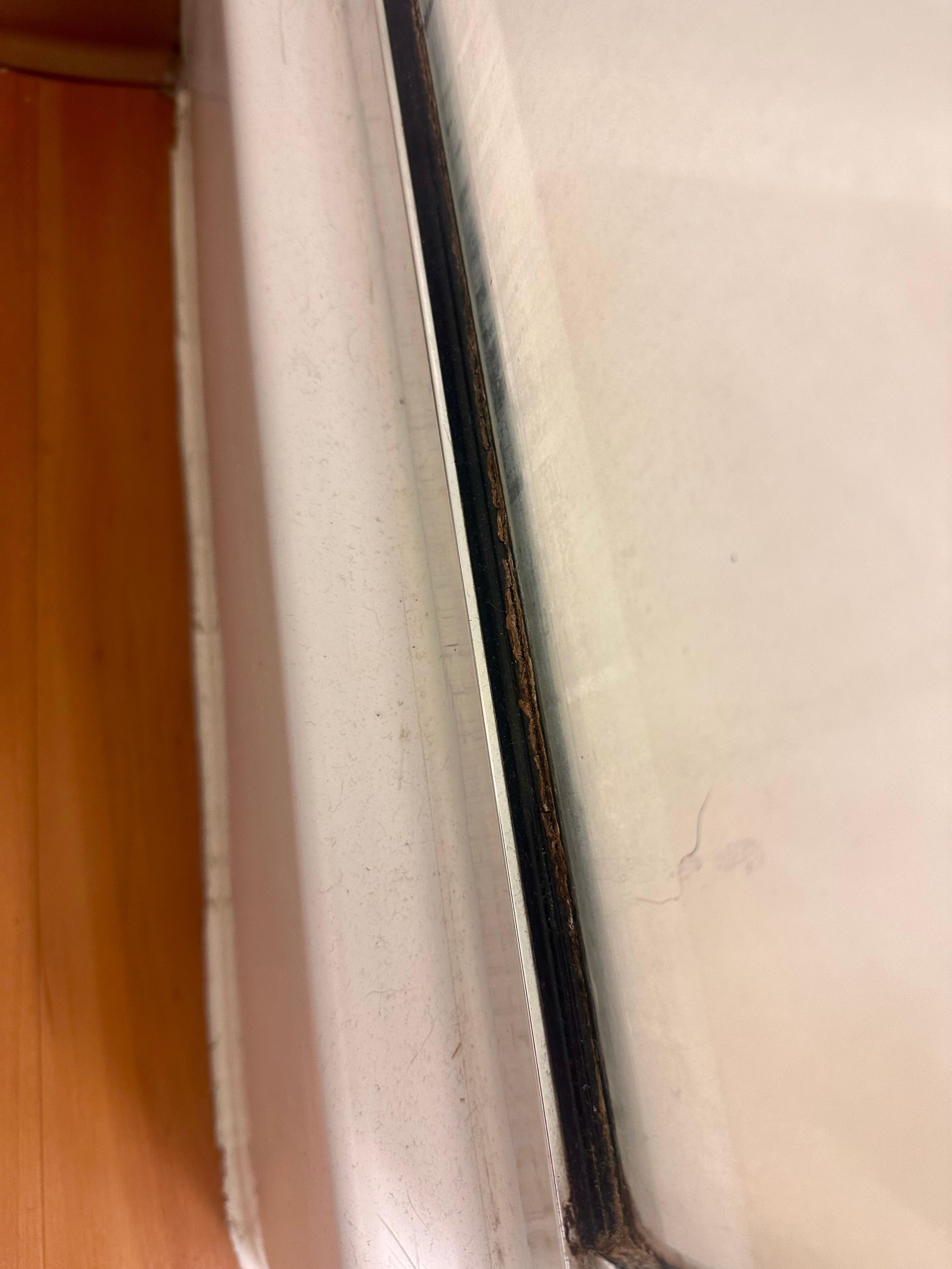 Dirty ledge around bottom of shower doors. 