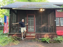 Being silly at the entrance to the cottage.