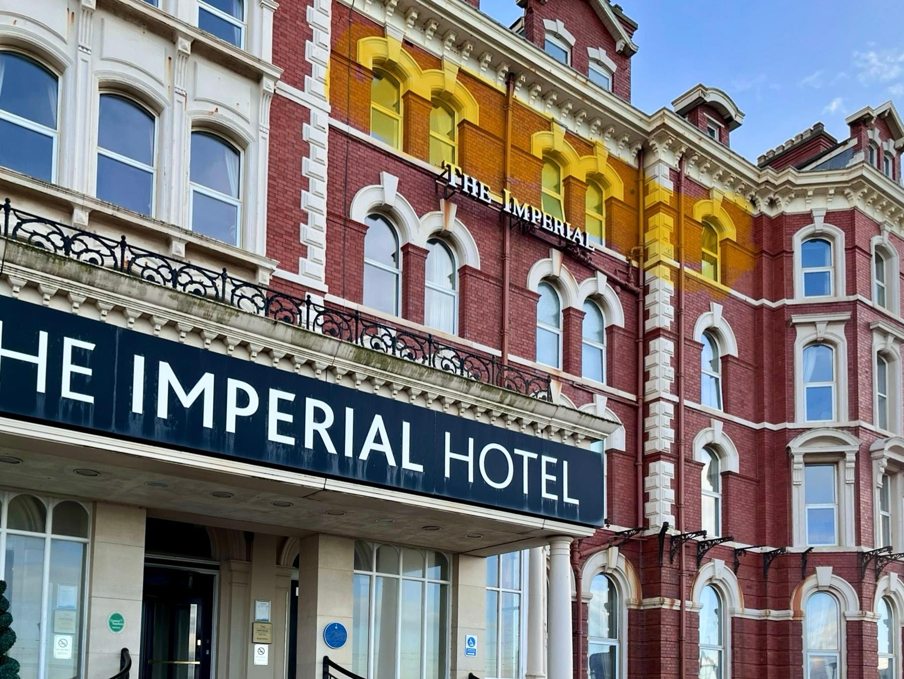 Ambassador Suite highlighted. L to R, living room, bedroom and bathroom.