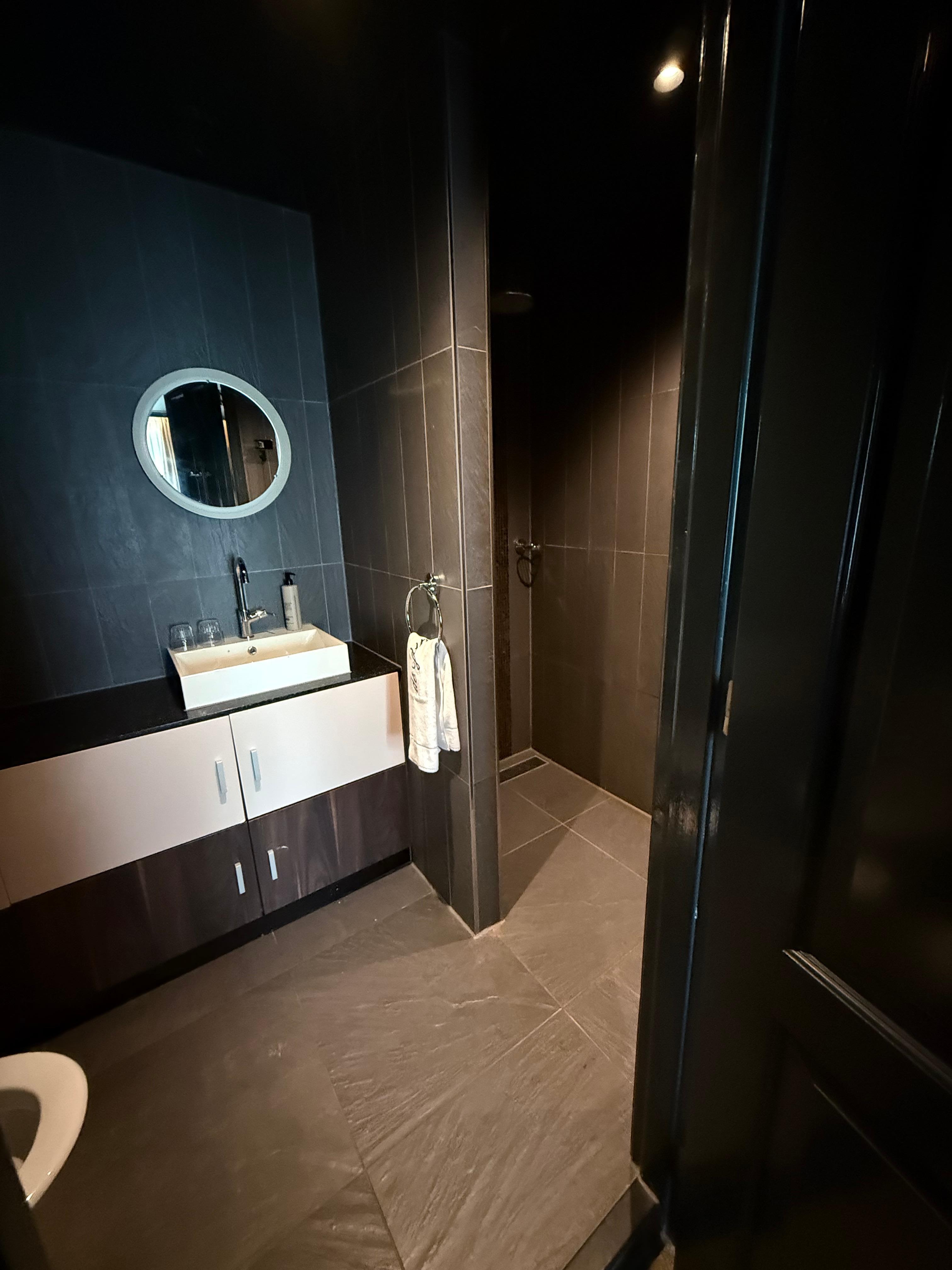 The mirror/sink area with poor lighting 