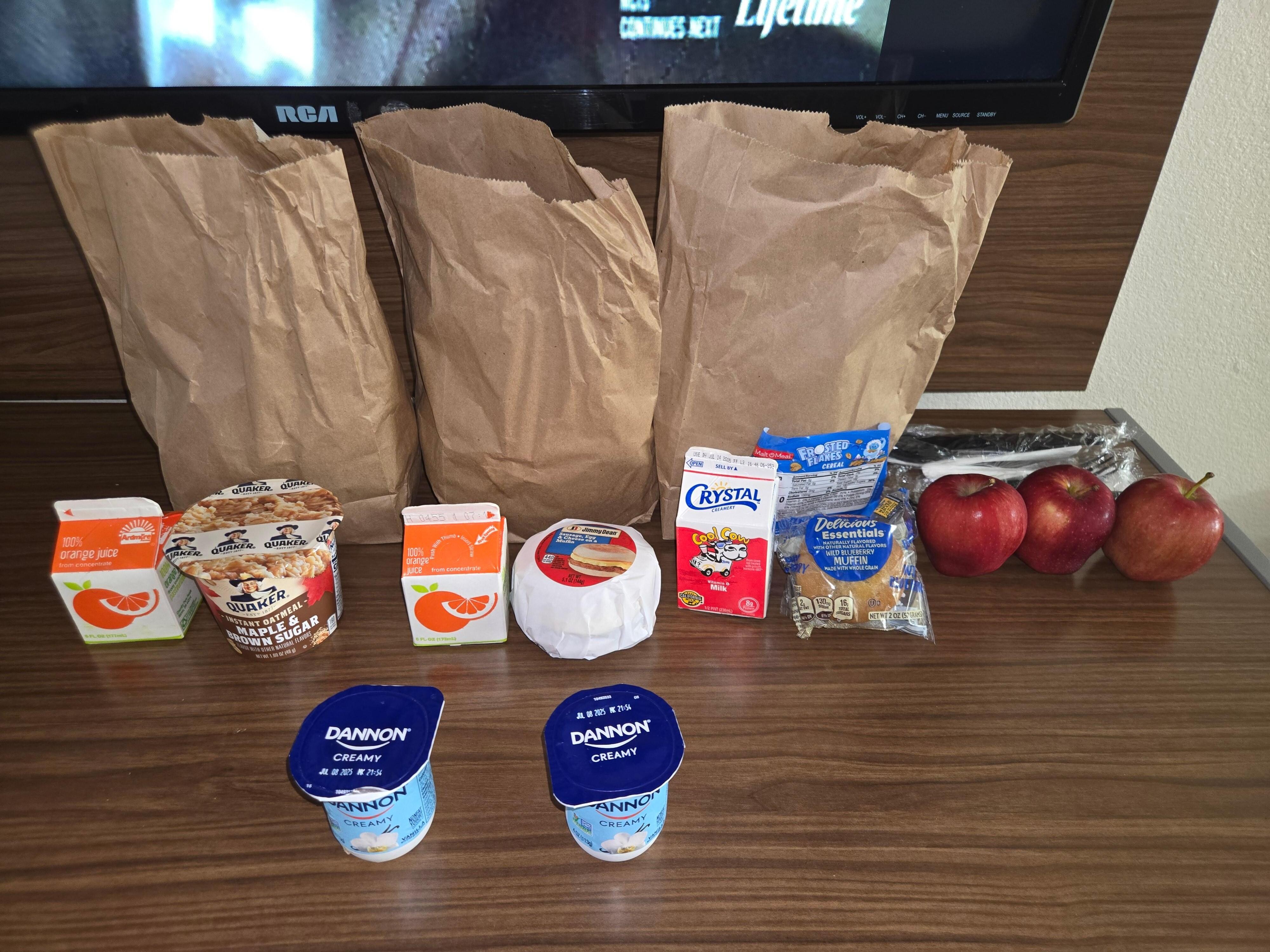 Thoughtful breakfast bags, until their breakfast area is done with remodel they said. 