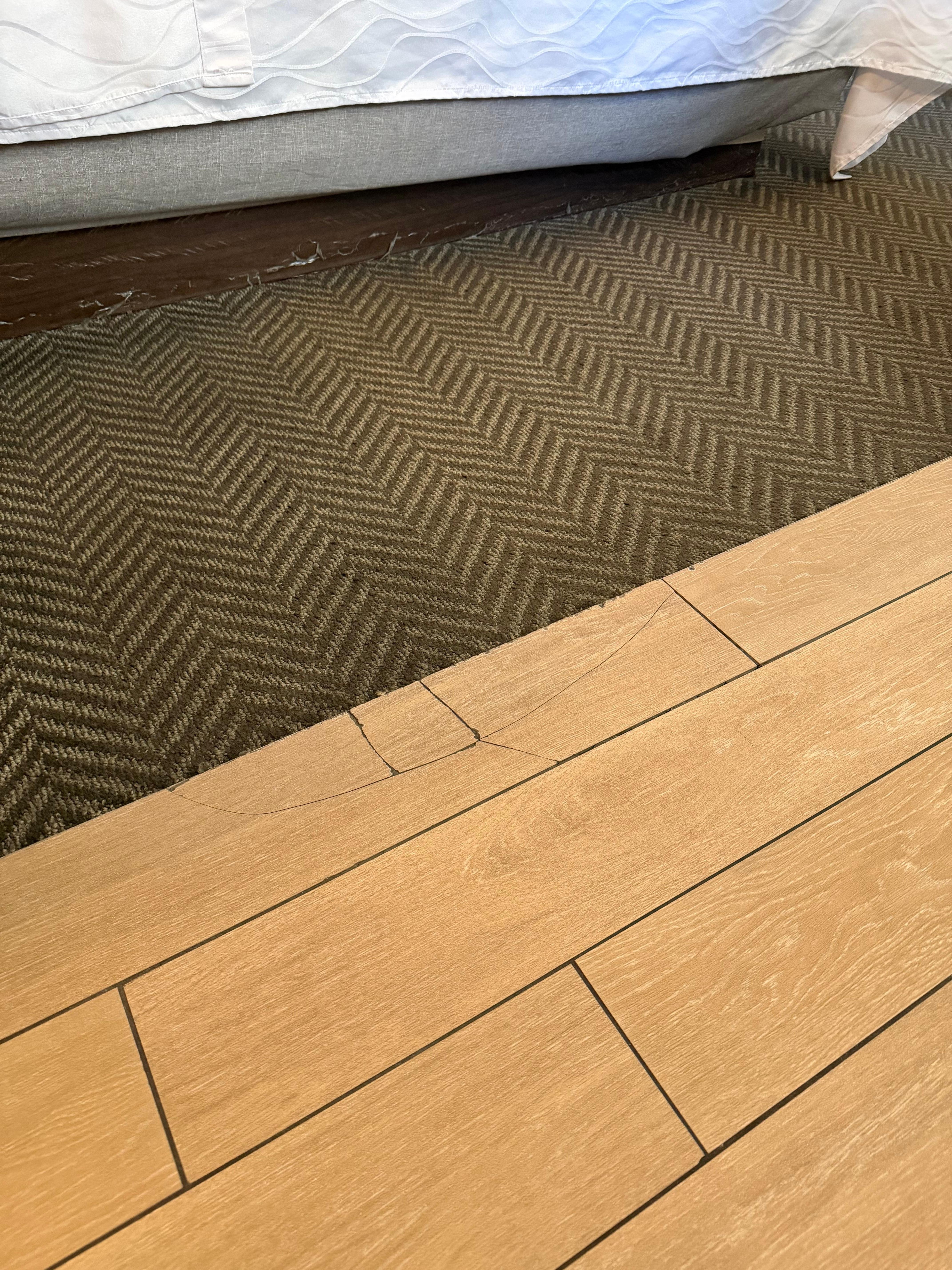 Floors were chipped and cracked so you had to have shoes on all the time. The carpet was so gross it was worn to the wood and full of stains 