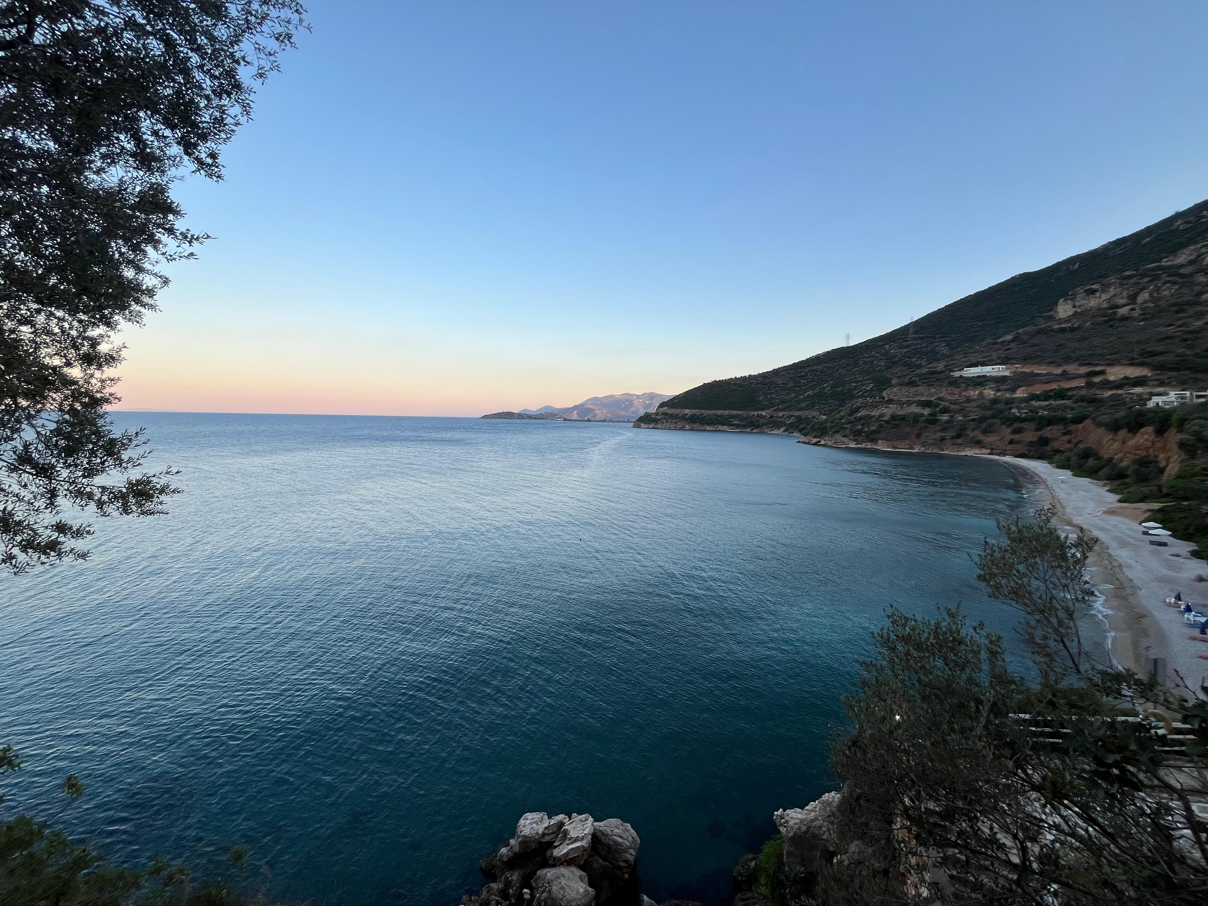 The protected beach below the villas.