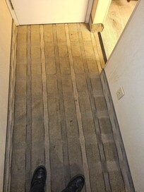 Entry way stains and torn carpet
