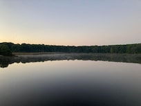 View from the deck at sunrise time. There were several species of water birds present, but not in this photo.