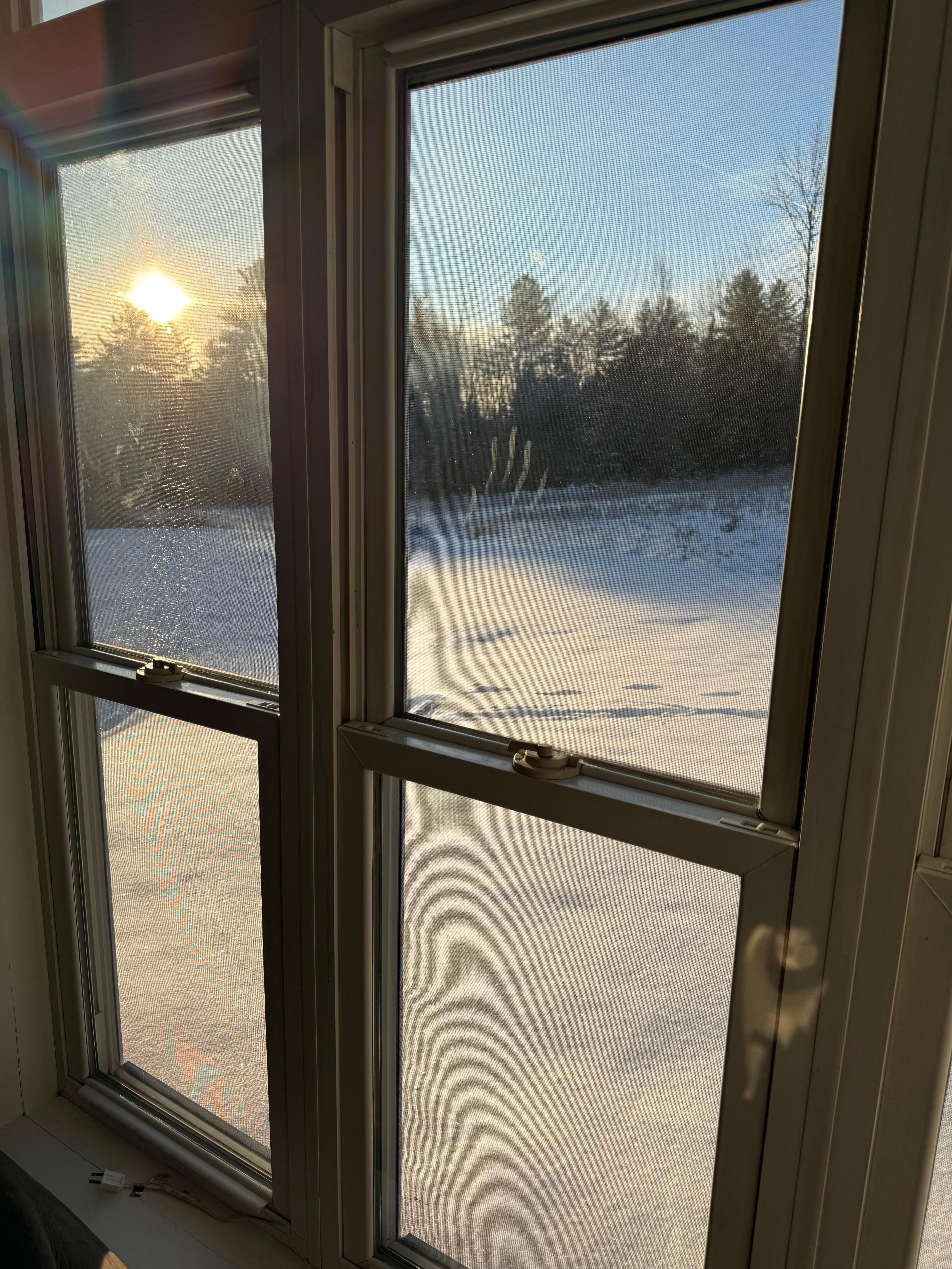 A view of children playing in the snow from the warm cottage
