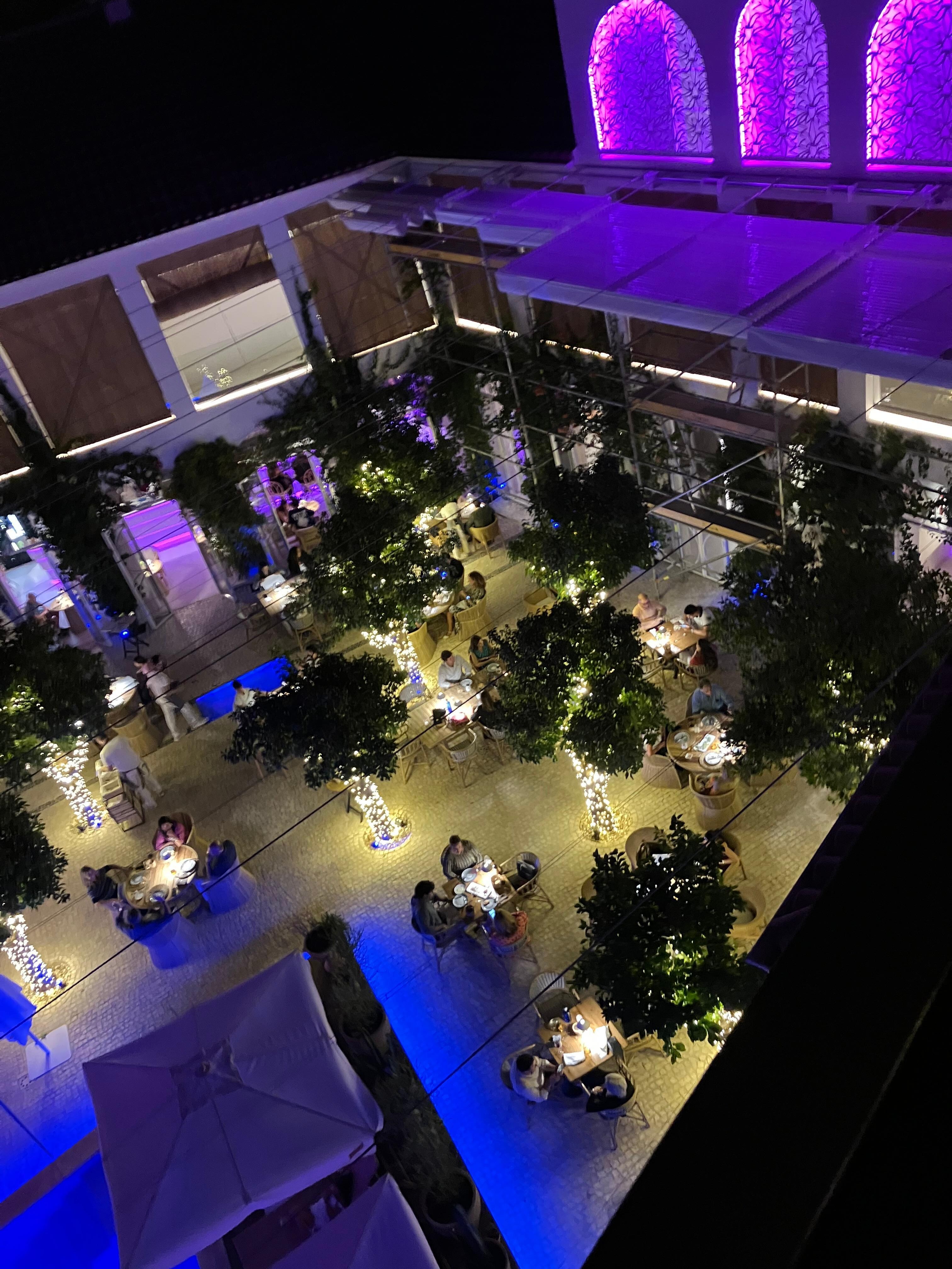 View of hotel courtyard from rooftop terrace 