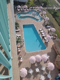 Morning view of the very clean and inviting pool and lazy river!