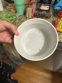 Bowl from cabinet with food particles.