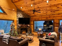 Beautiful cabin decorated for the holidays.