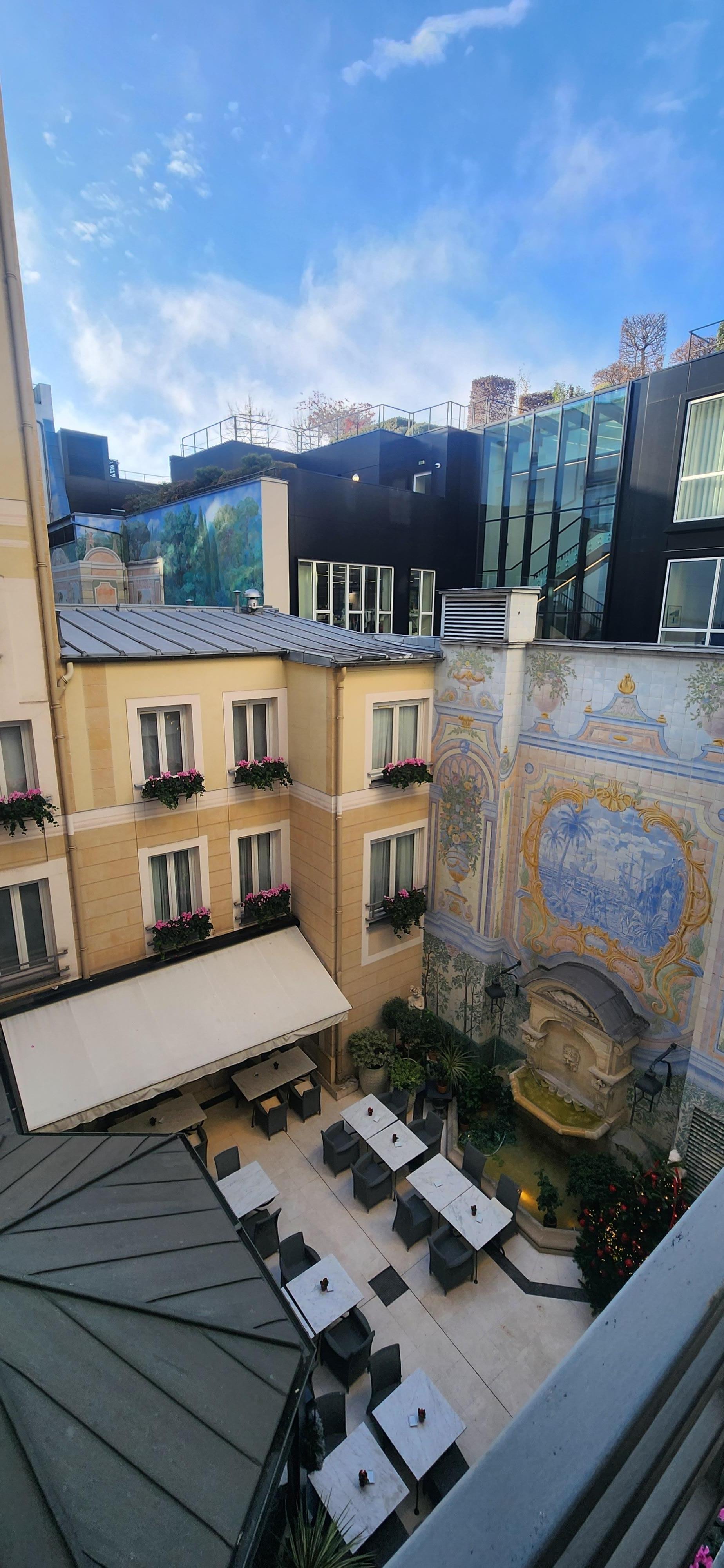View of the hotel courtyard from my room (in December).