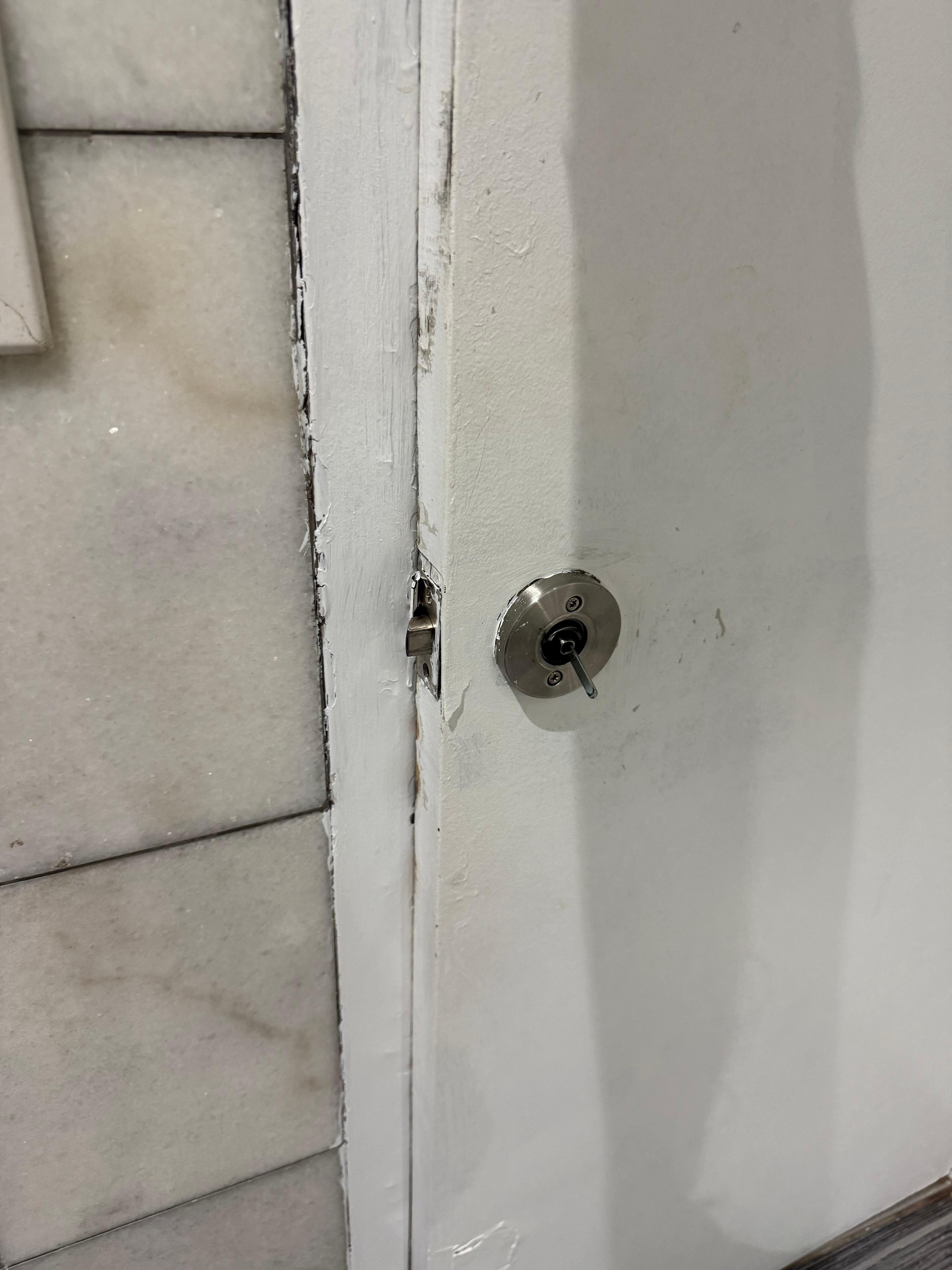 Bathroom door couldn’t shut. Handle was sitting on but would fall right off. 