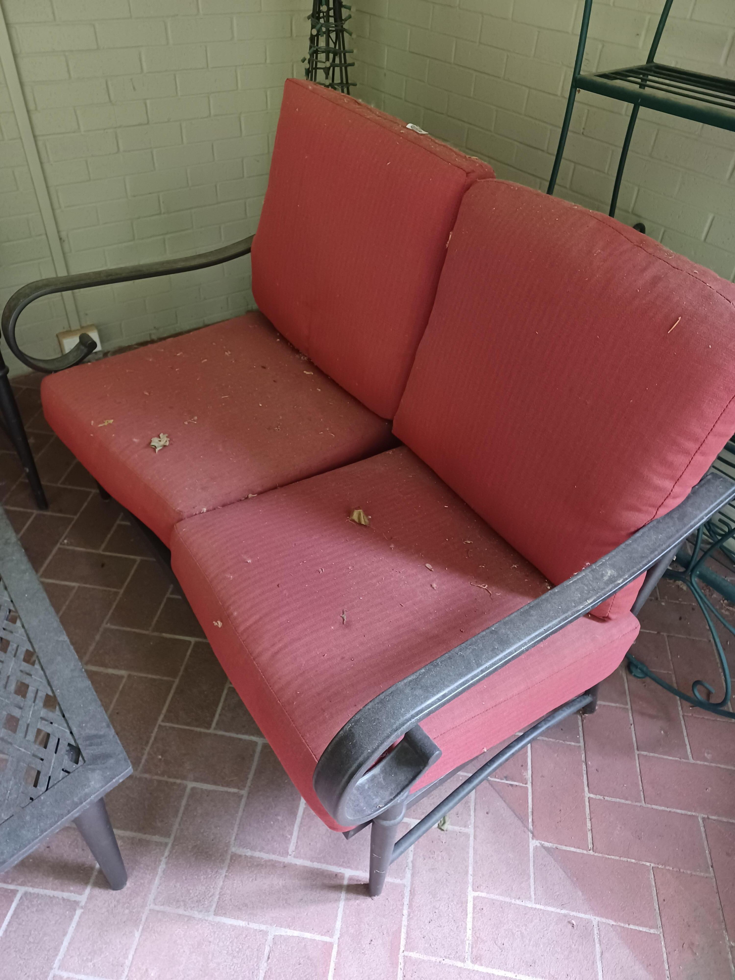 Dusty, leaves on cushions and floor, dirty table, chairs below