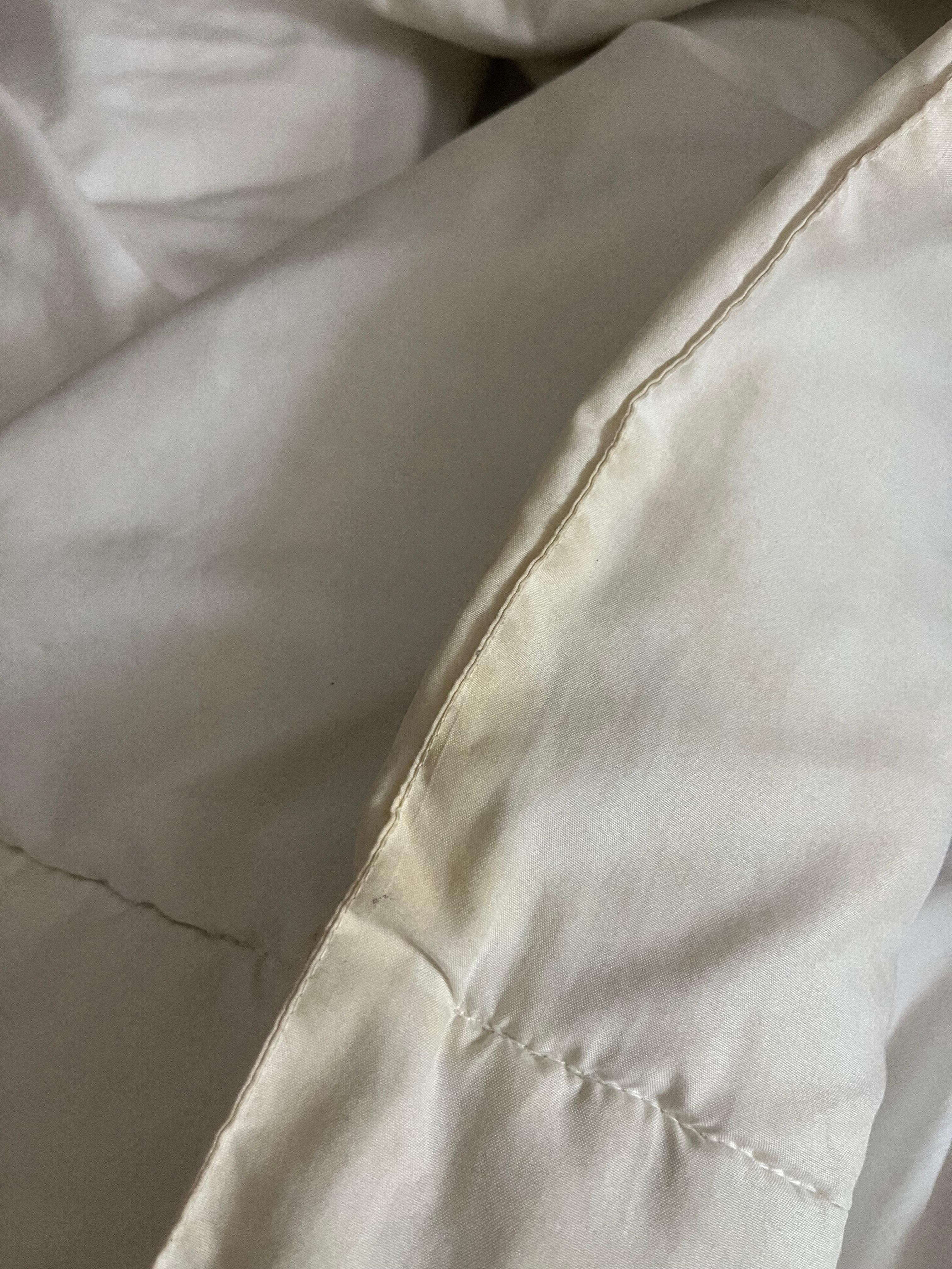 Yellowed white comforter in guest bedroom right bed. 