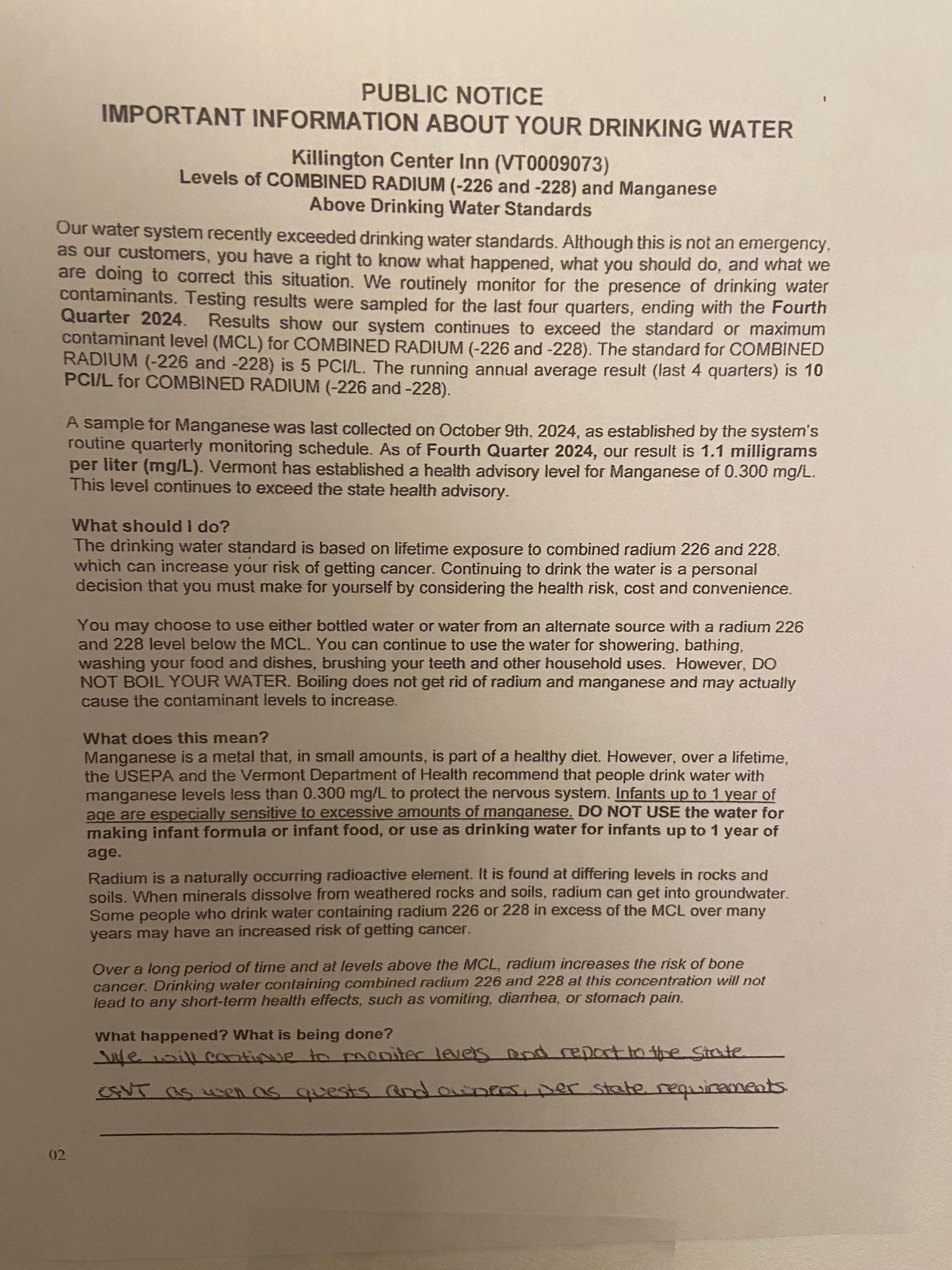 Water notice posted at the property. Does not seem safe to even shower or bath in.