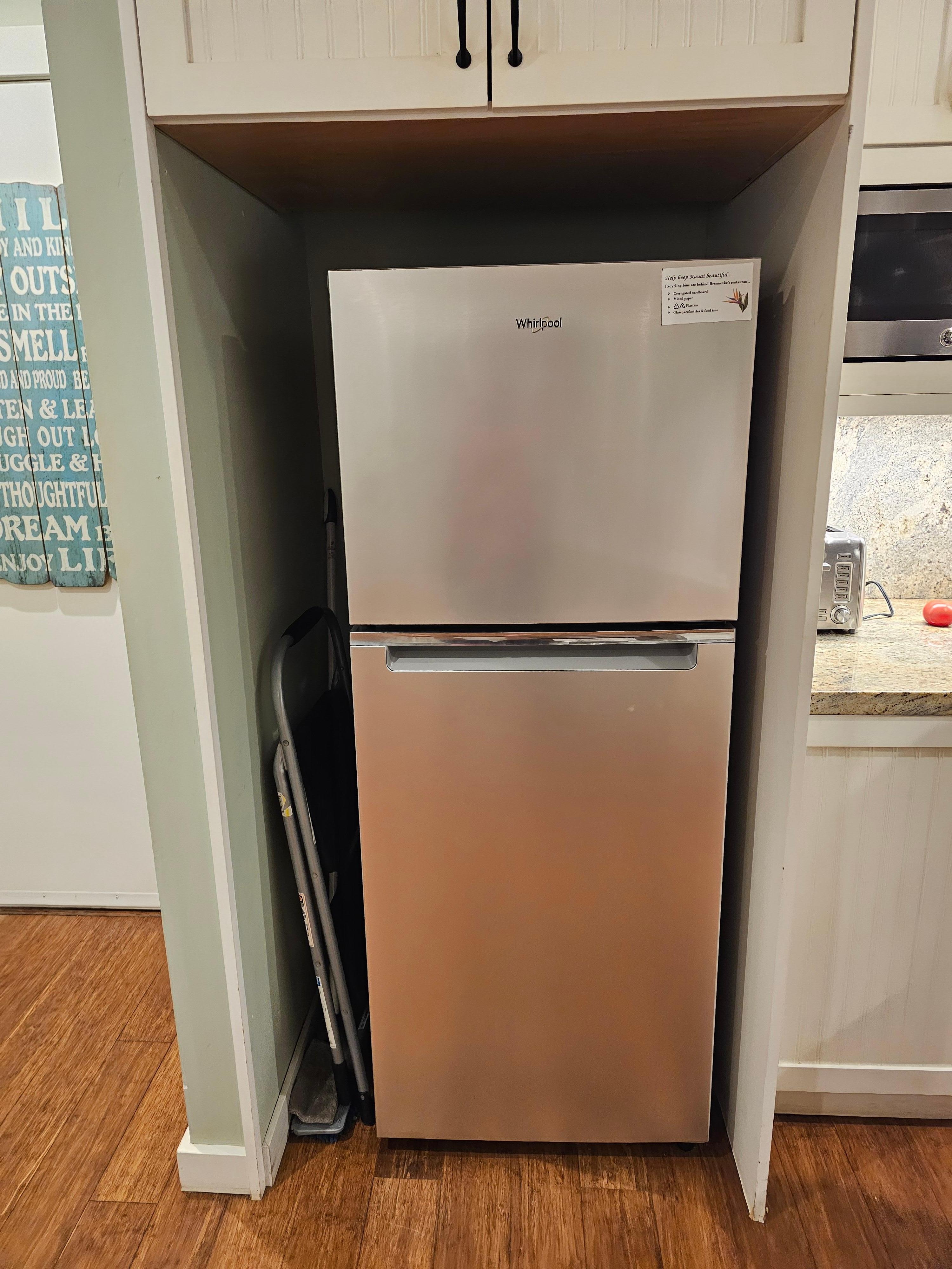 The very small refrigerator that we couldn't fit all of our cold grocery items in. It's also substantially smaller than the refrigerator shown in the property details on VRBO. Manager told me that's all the owner would authorize when the other quit.