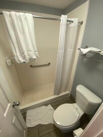 No tub, but the shower head had great pressure and coverage.