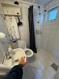Very small bath, Hand soap for sink and shower. No other bath amenities.Floor was heated, so it dry fairly quickly.