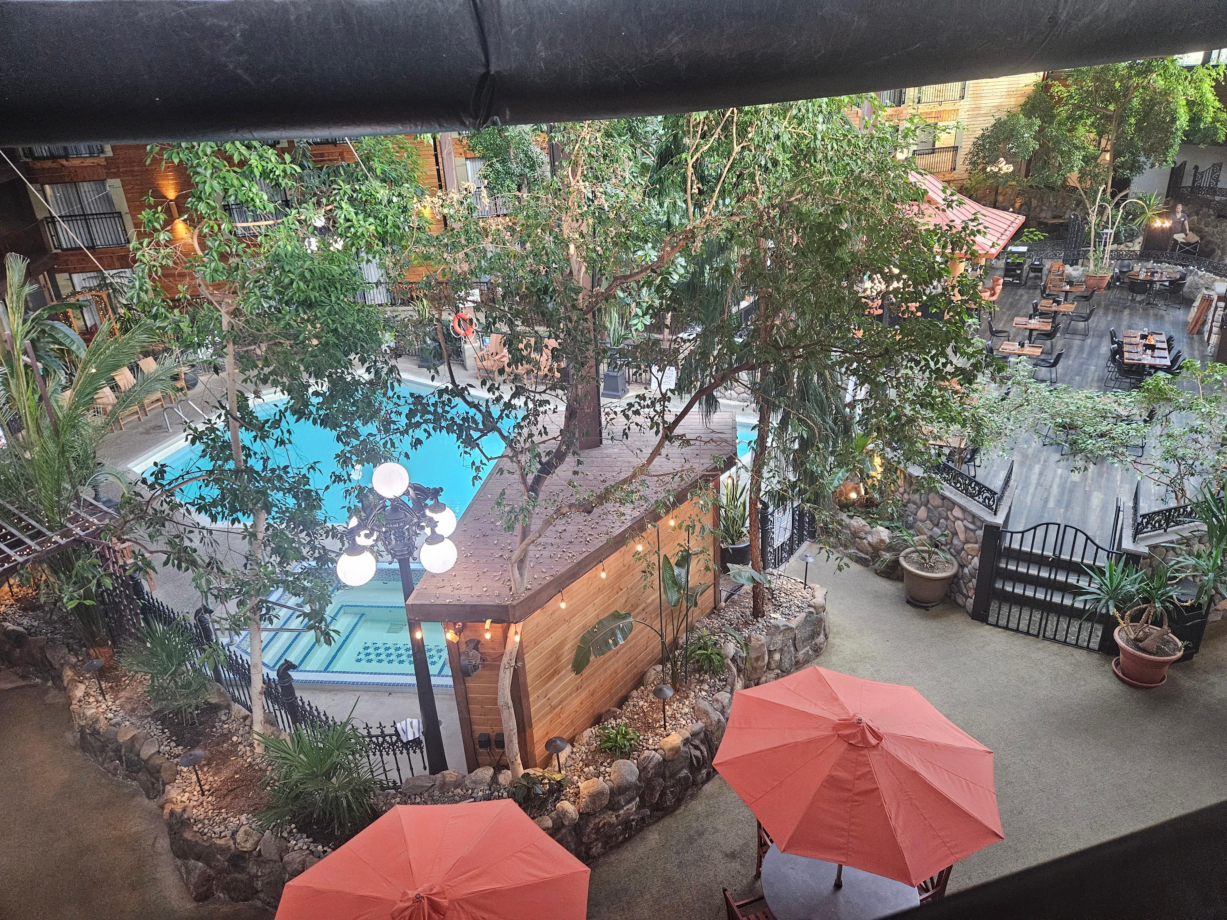 View from our window of the restaurant area in the atrium.