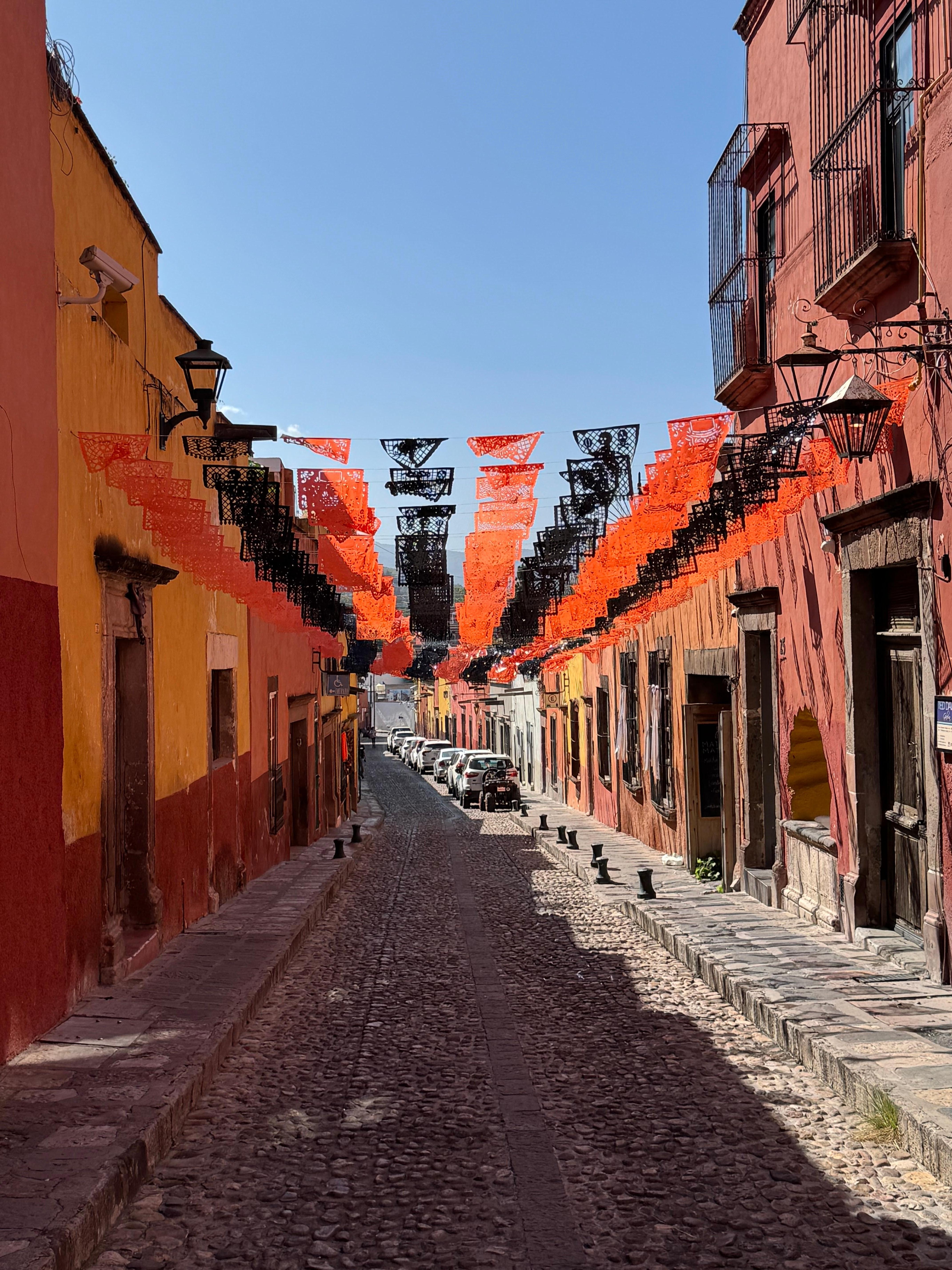 Neighborhood around hotel decorated for Dia De Los Muertos
