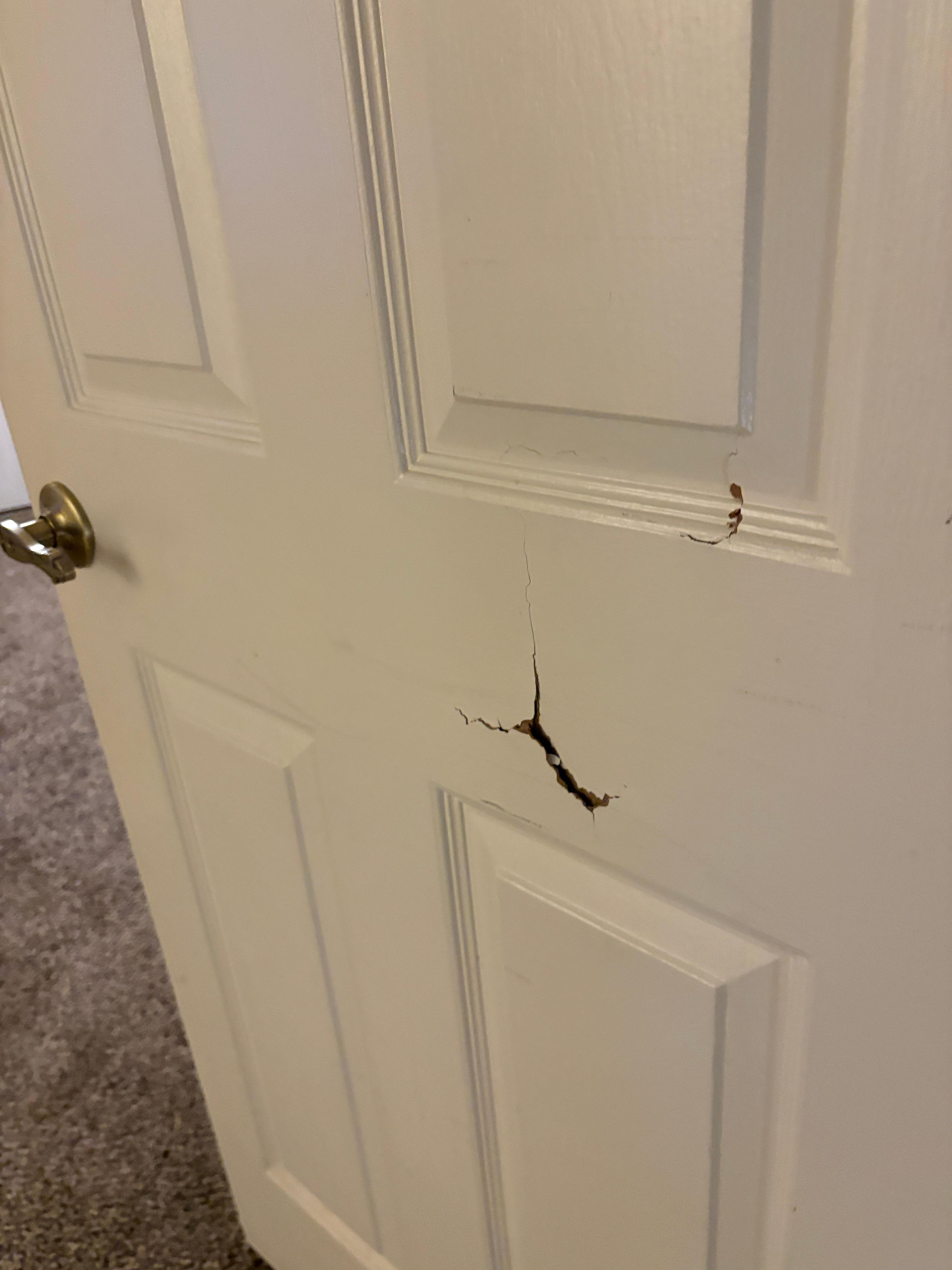 Master bedroom door cracked in multiple places. 