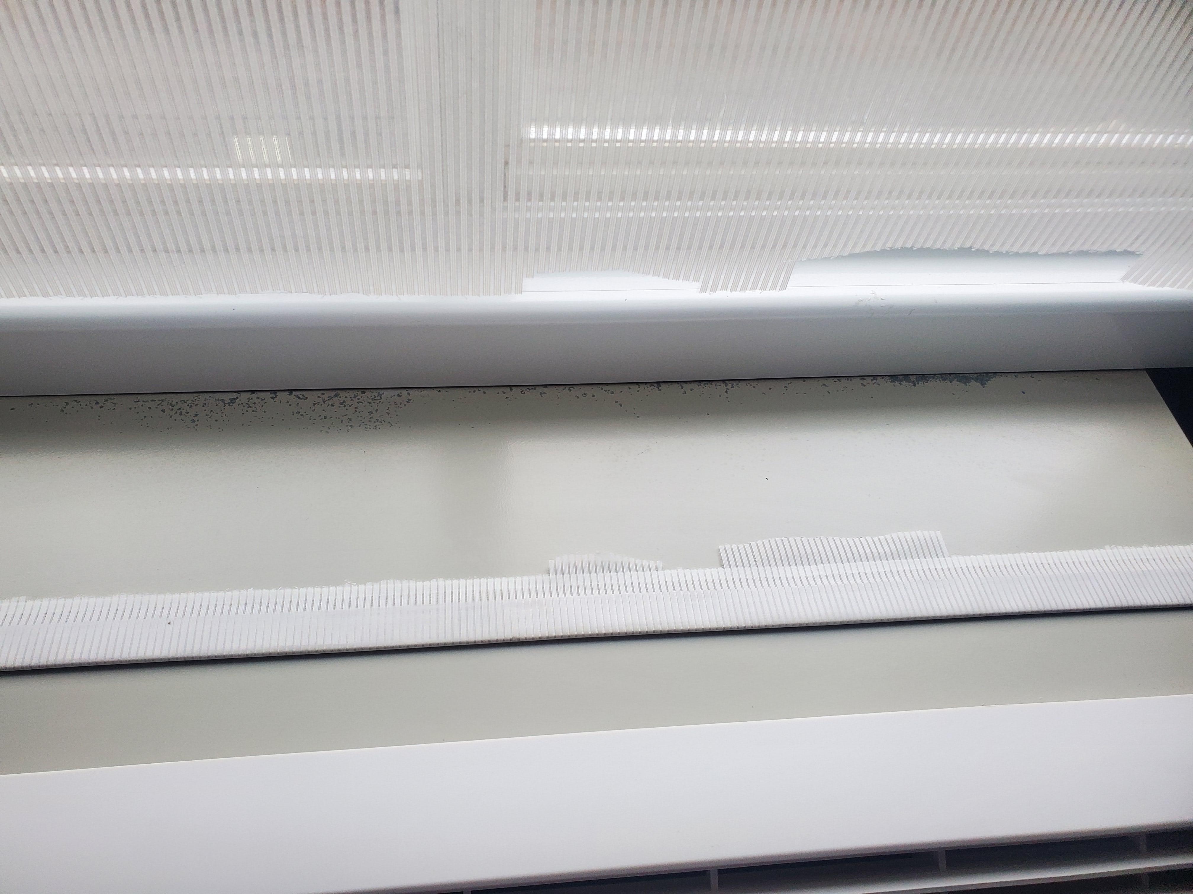 Torn curtain blind upon entering room