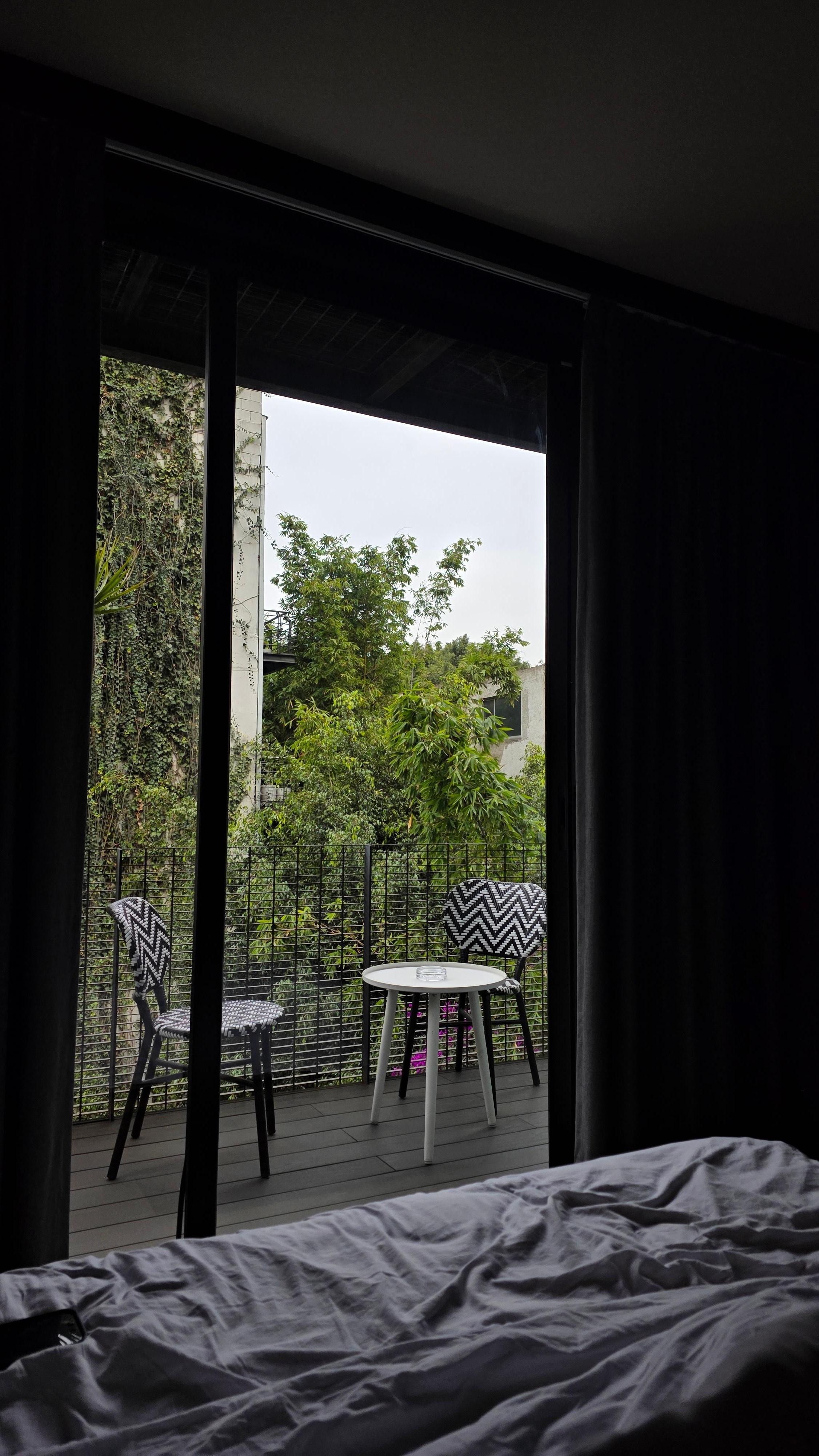 looks out into a green courtyard
