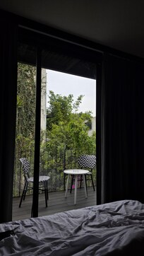 looks out into a green courtyard