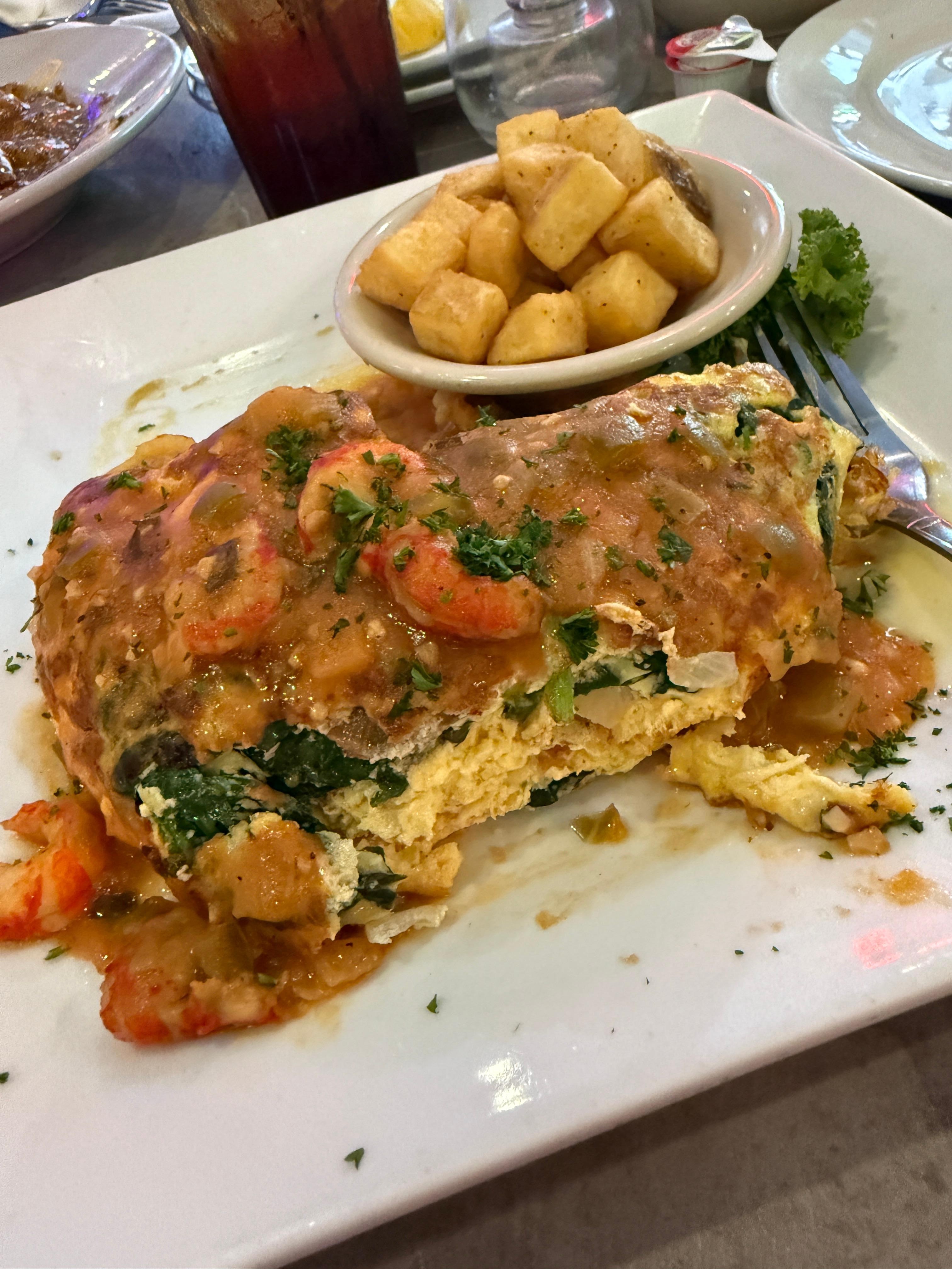 Breakfast at hotel. Mr Ed’s. Crawfish omelette 