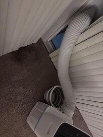 Portable ac unit, not central AC. Mold on carpet. Hole in window/screen to outside.