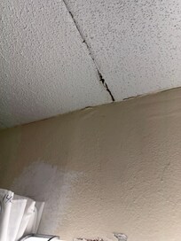 One of multiple cracks in ceiling and several unpainted wall where it was patched