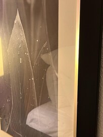 Picture next to bed with what appears to be bodily fluid drips