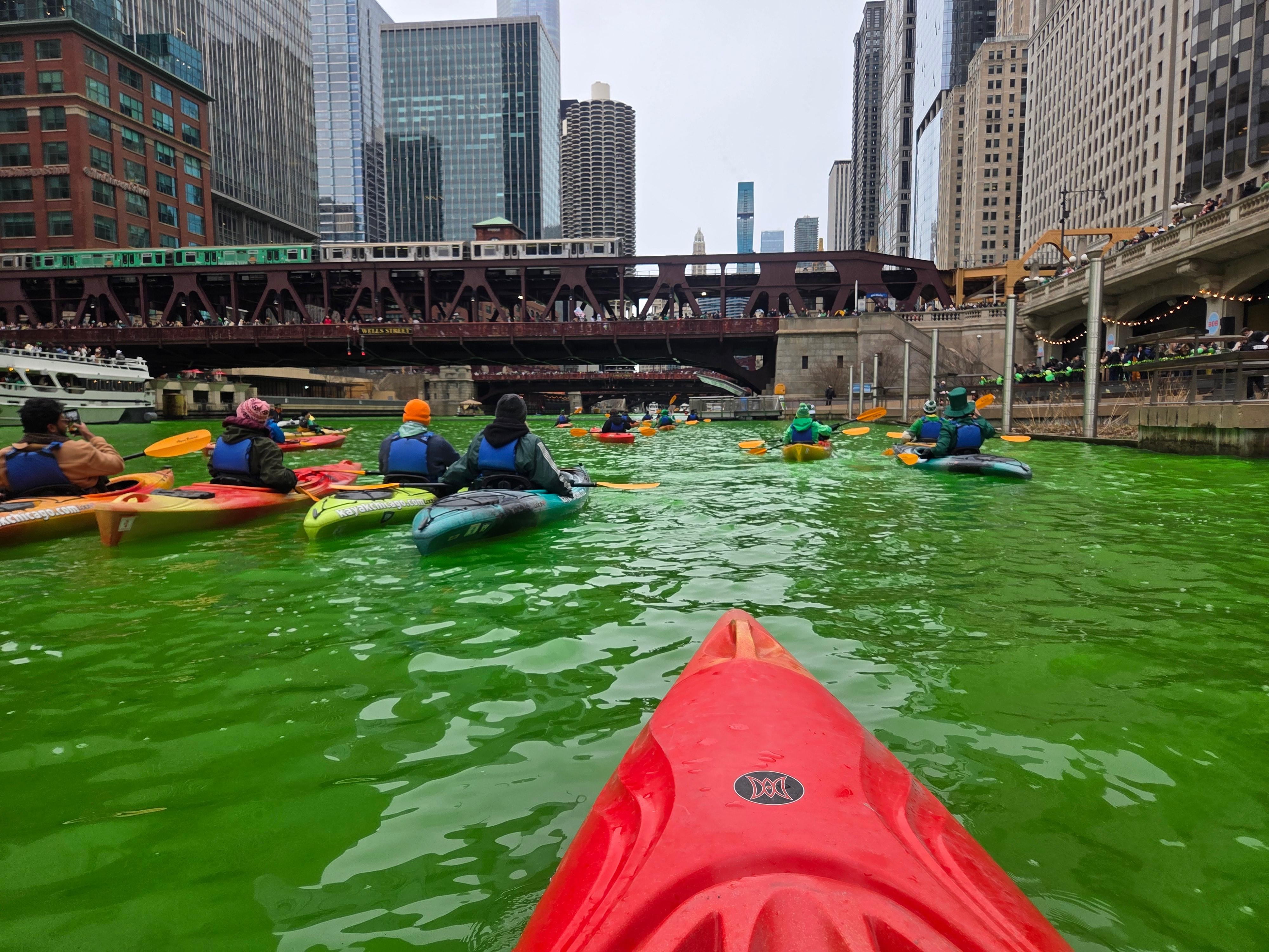 Chicago River paddle weekend before St. Patrick's Day.
