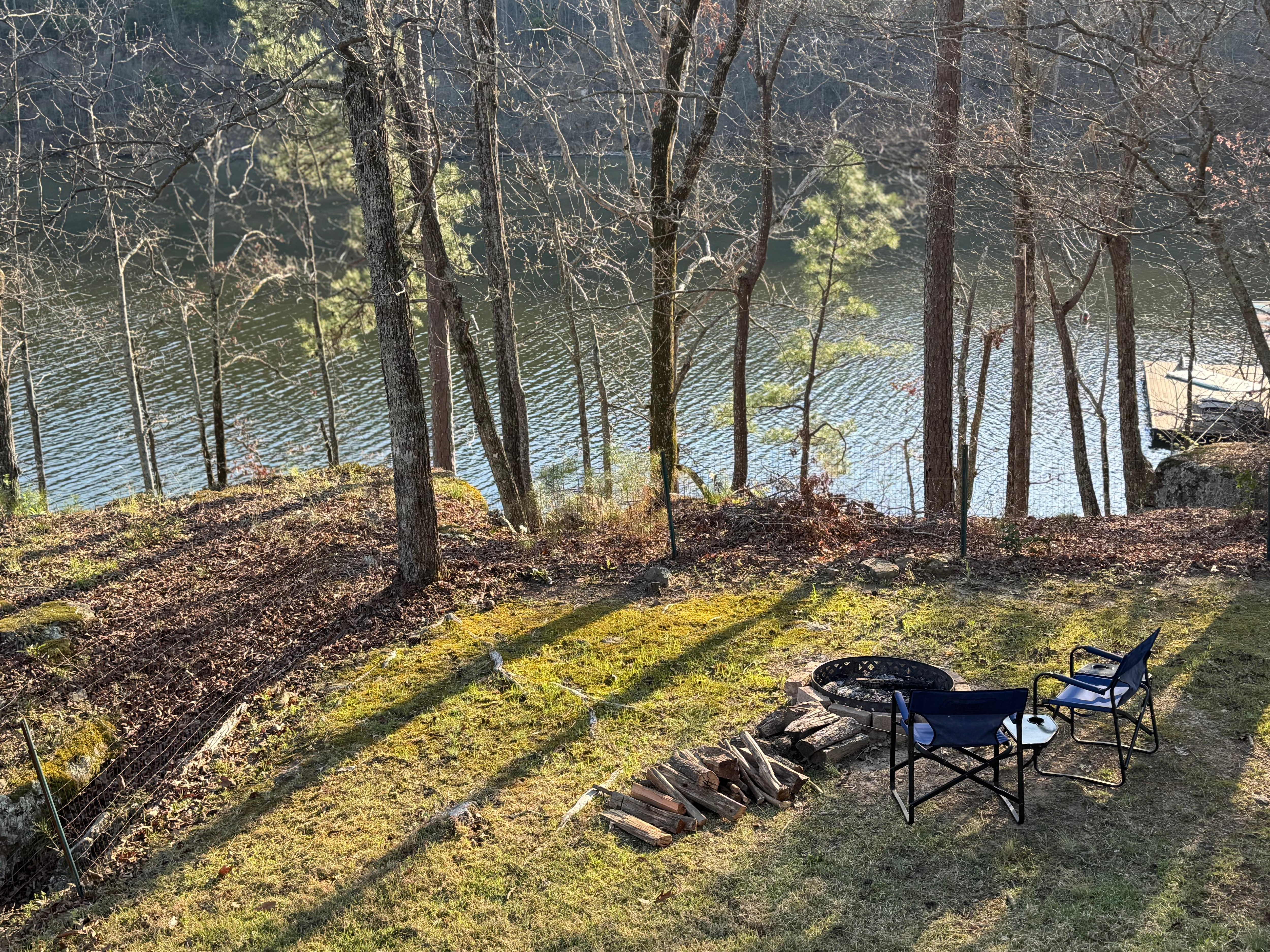 The view of the point and firepit from the porch