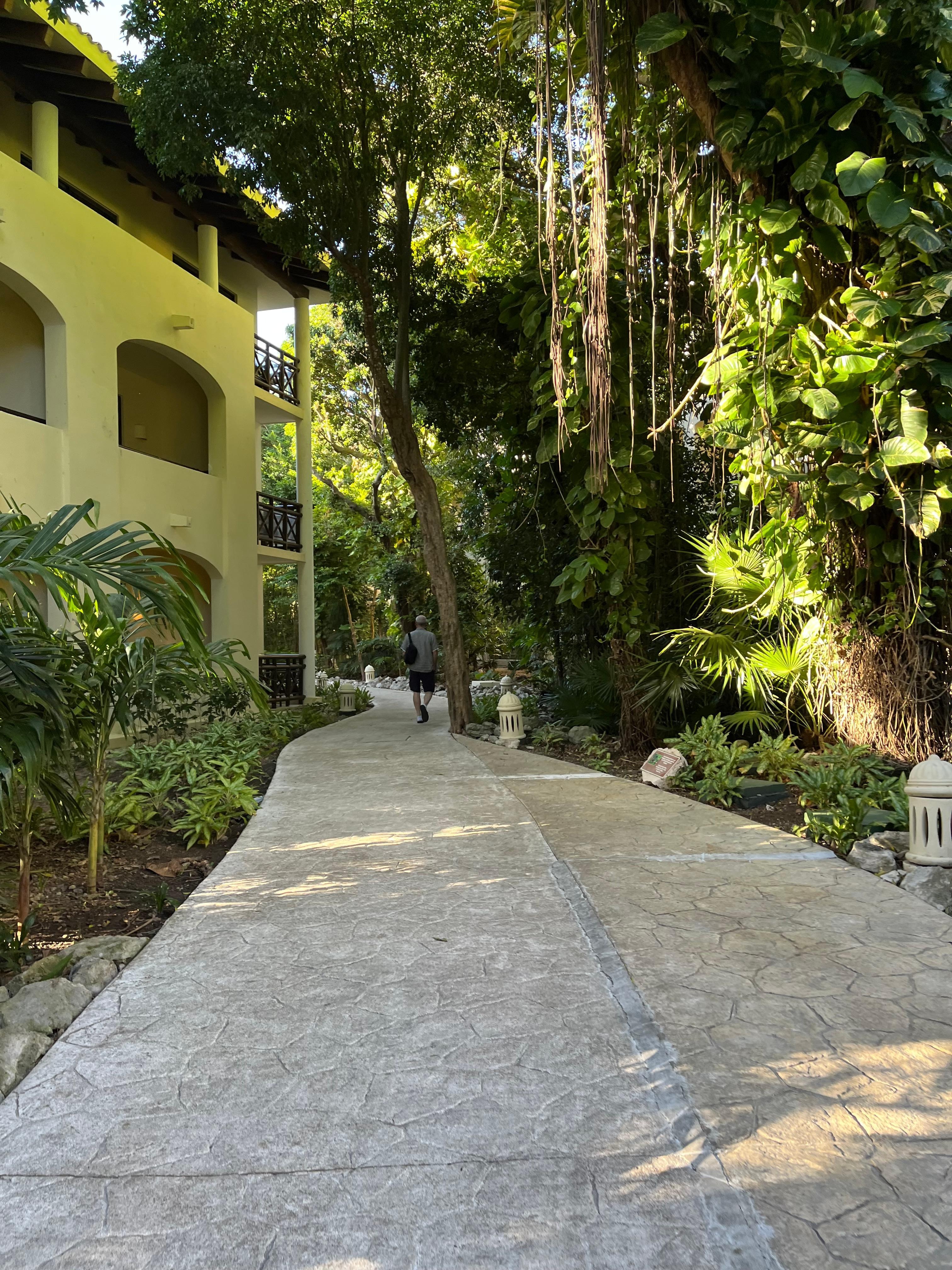 Walking to the lobby from the trolley stop