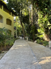 Walking to the lobby from the trolley stop