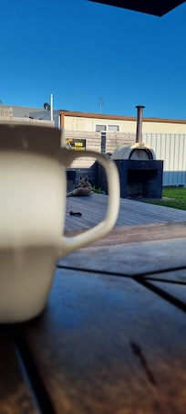 Morning coffee in the serenity of the backyard.